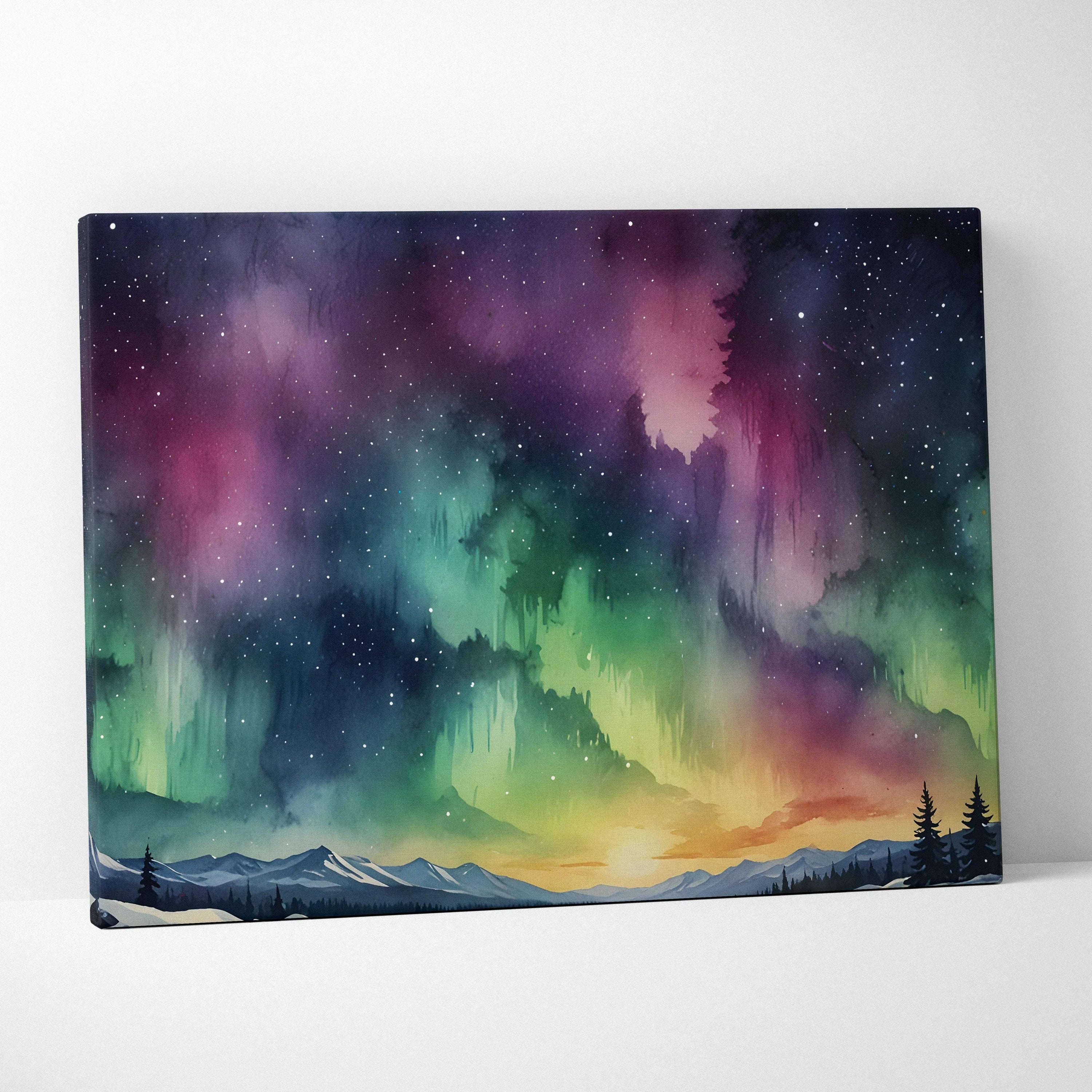 Canvas wall art featuring a vibrant watercolor night sky with Northern Lights over a mountain landscape.