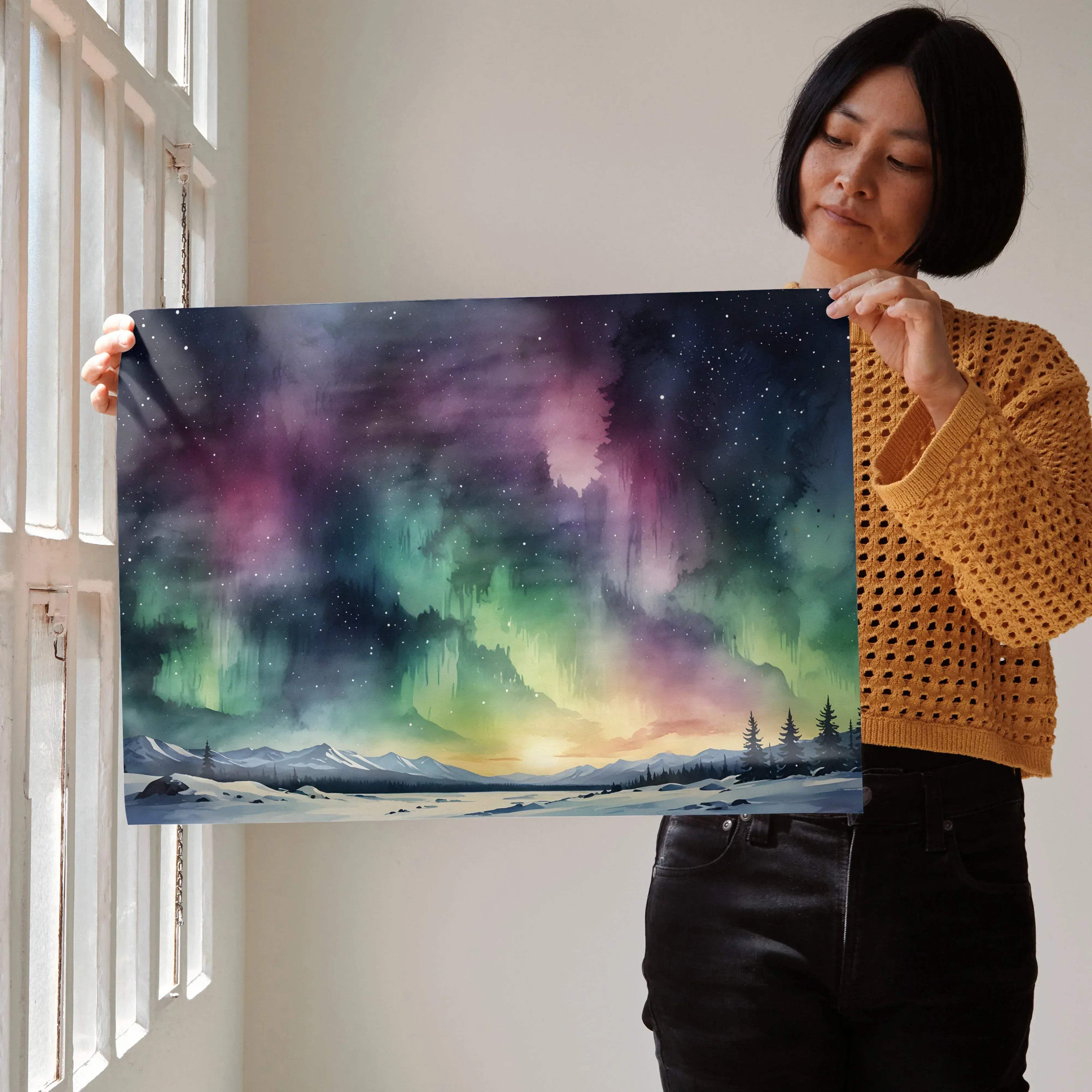 A vibrant watercolor styled digital art poster of an aurora borealis over snowy mountains with purples greens and pinks