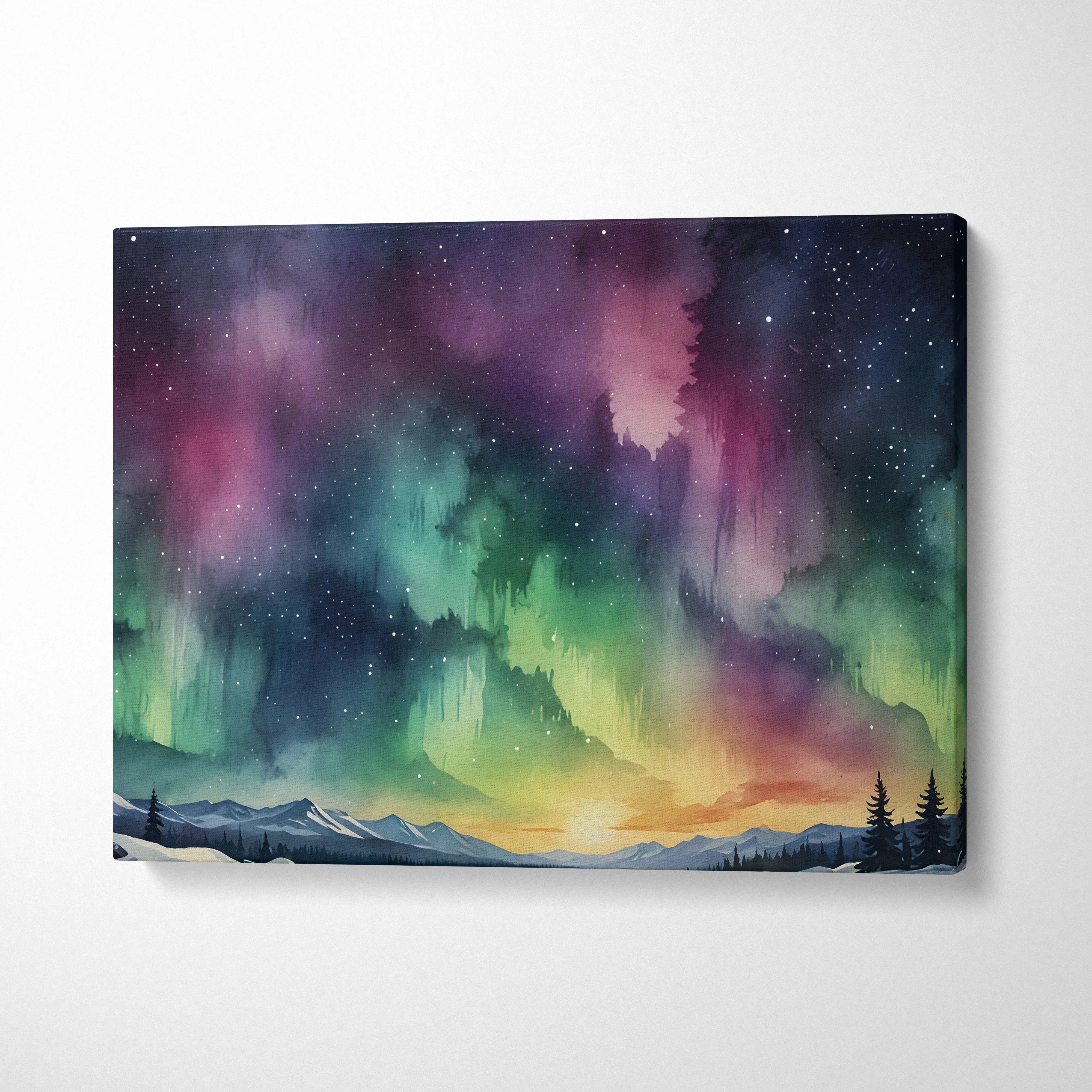 Night sky watercolor canvas wall art with vibrant aurora borealis over mountains and trees.