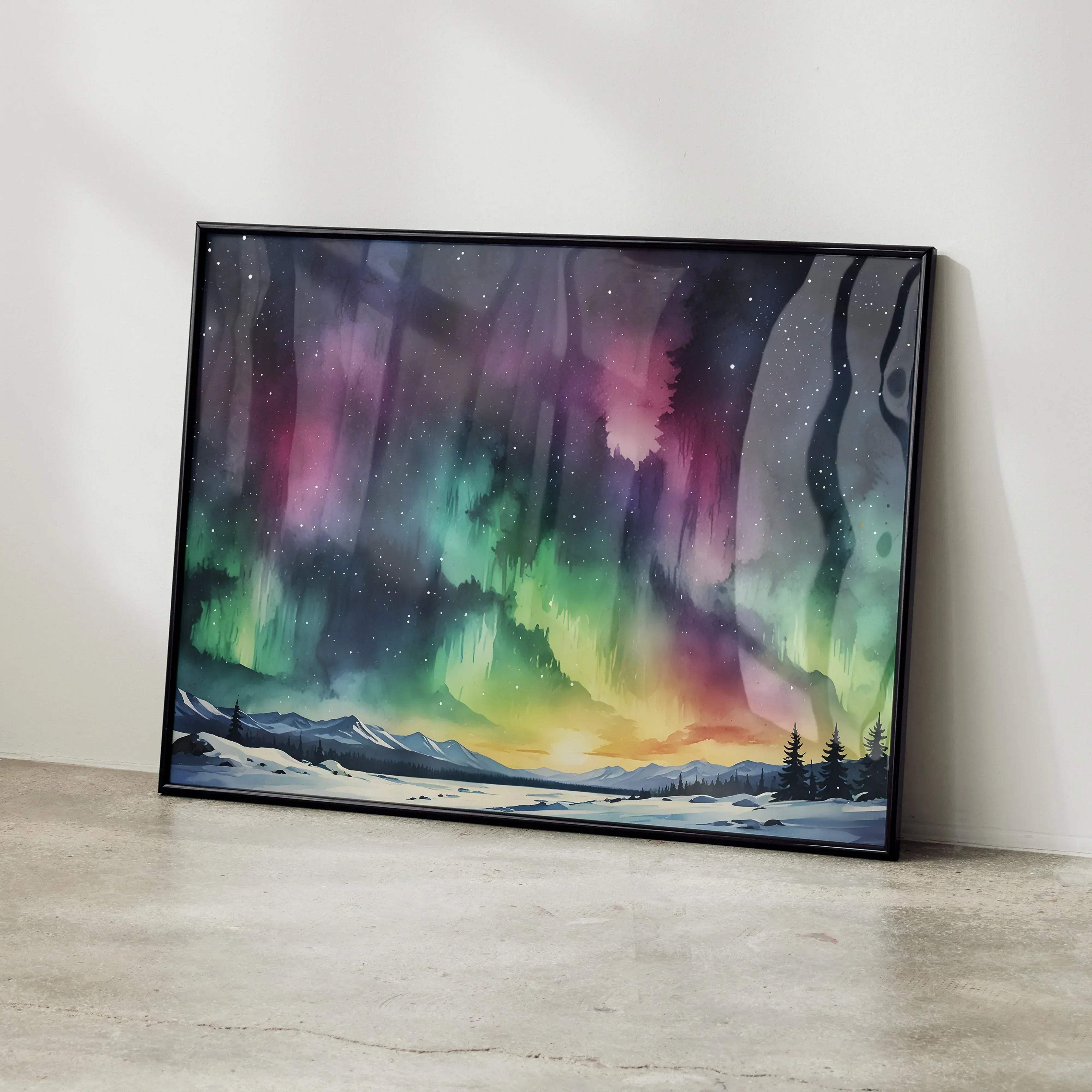 Black-framed canvas print of a vibrant watercolor aurora borealis over snowy mountains and pine trees poster