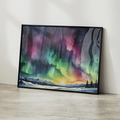 Starry Night Sky watercolor poster with vibrant aurora colors and snowy mountain landscape wall art.