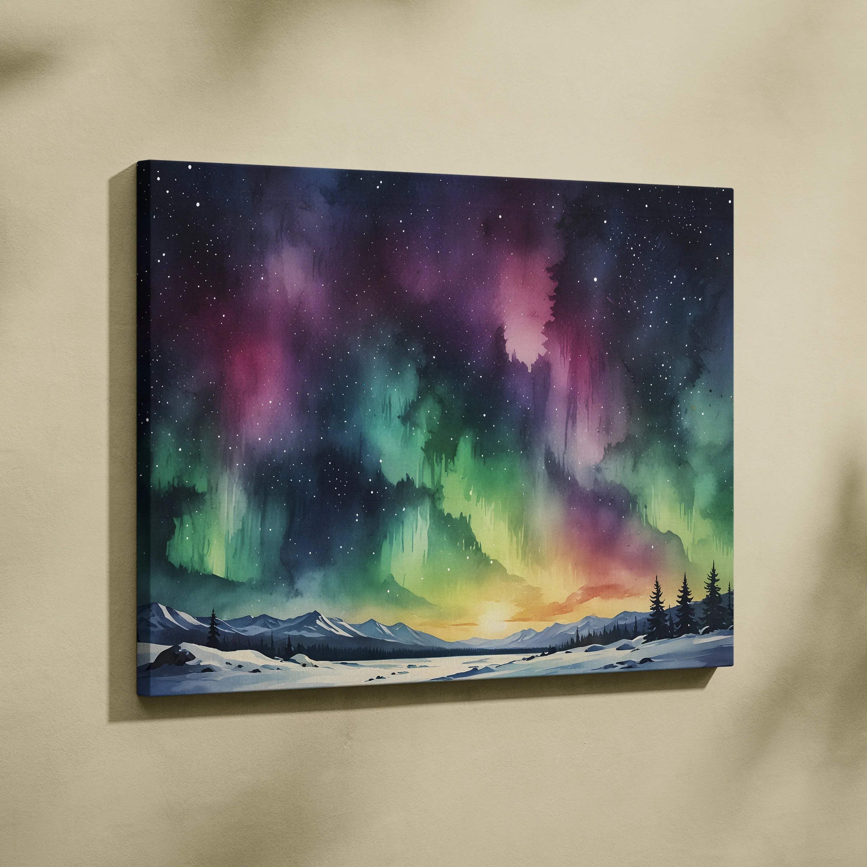 Watercolor night sky canvas wall art with vivid aurora borealis over snowy mountains and pine trees.