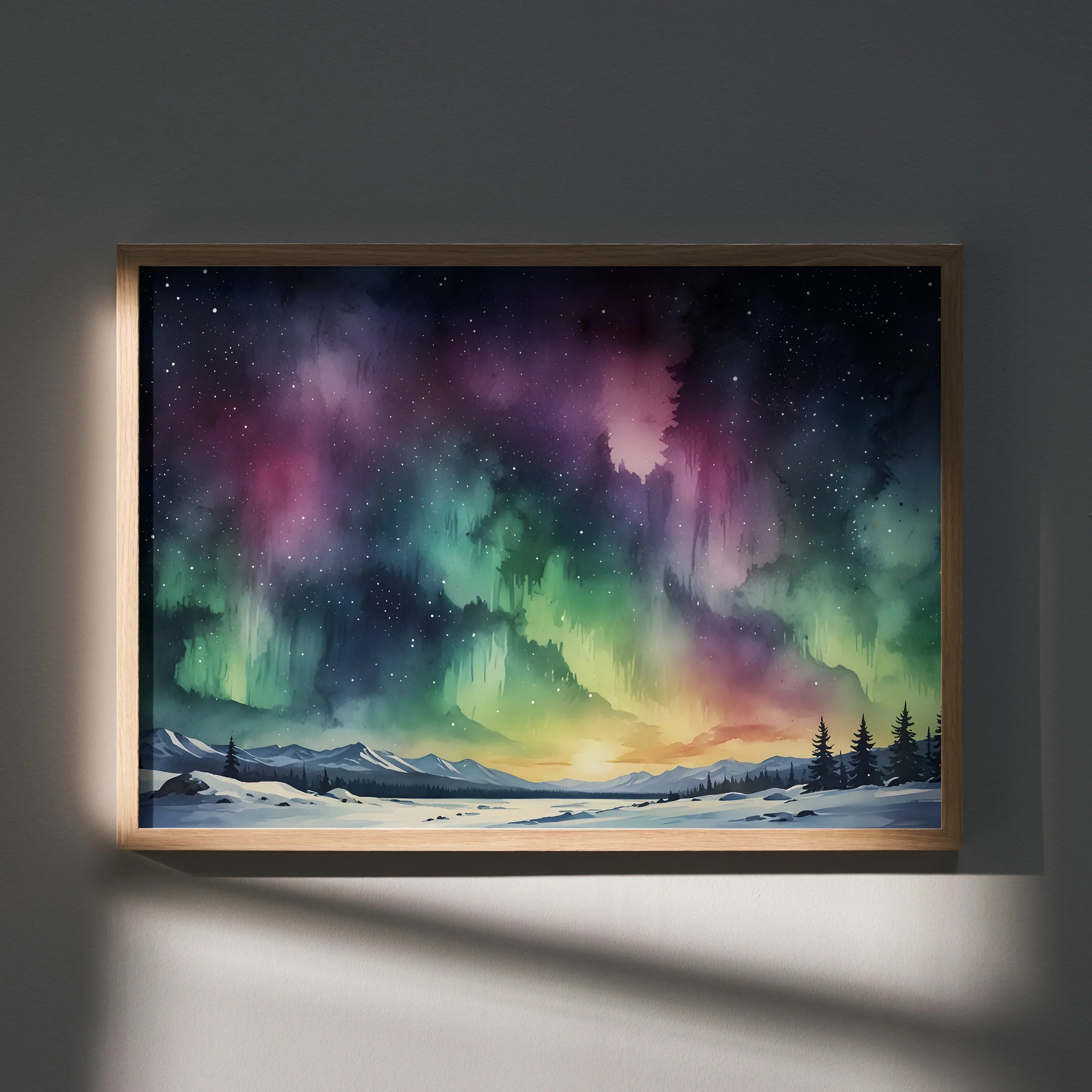 Starry night sky watercolor poster with green aurora and snowy landscape wall art.