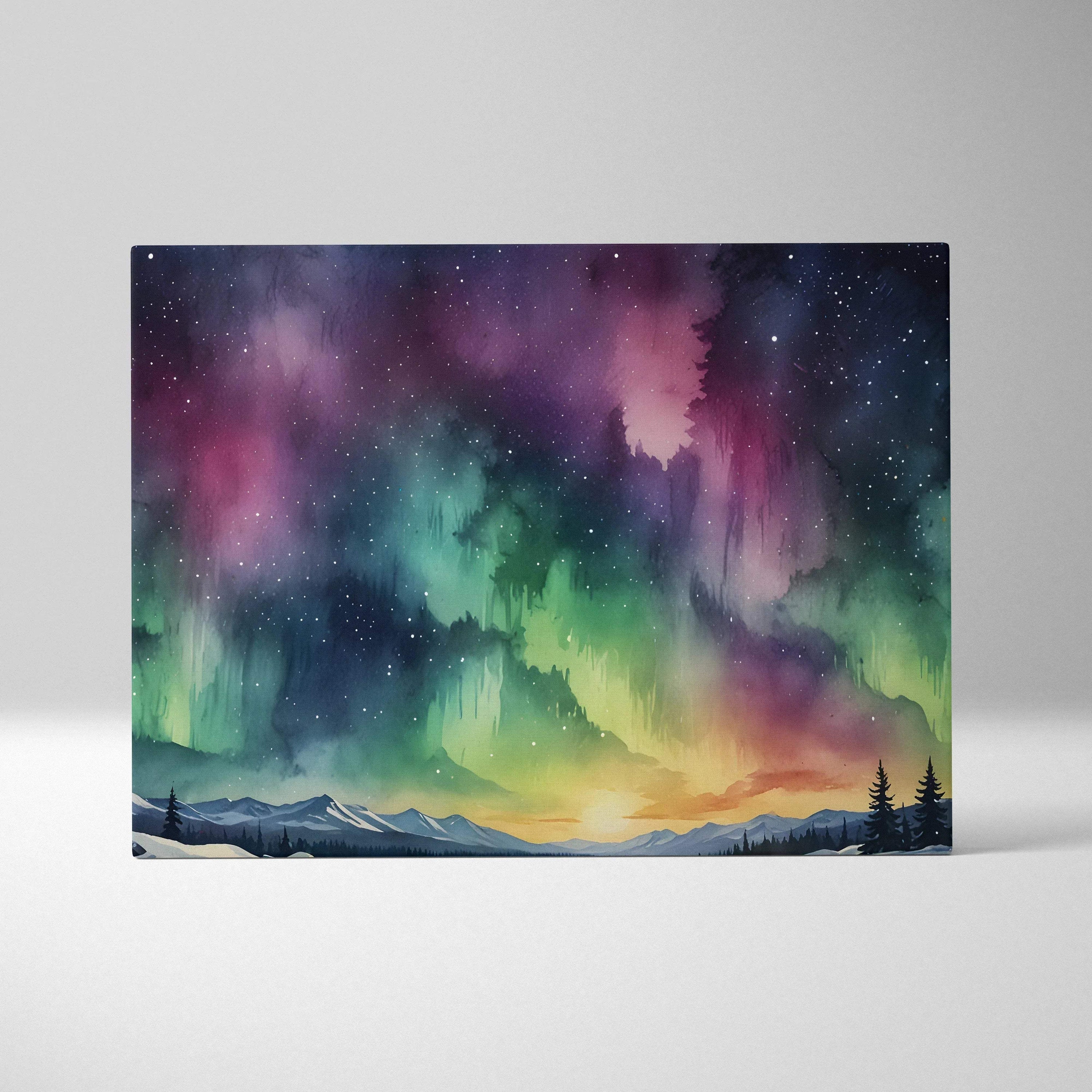 Night sky watercolor canvas wall art with vibrant green and purple aurora over mountains and pine trees.