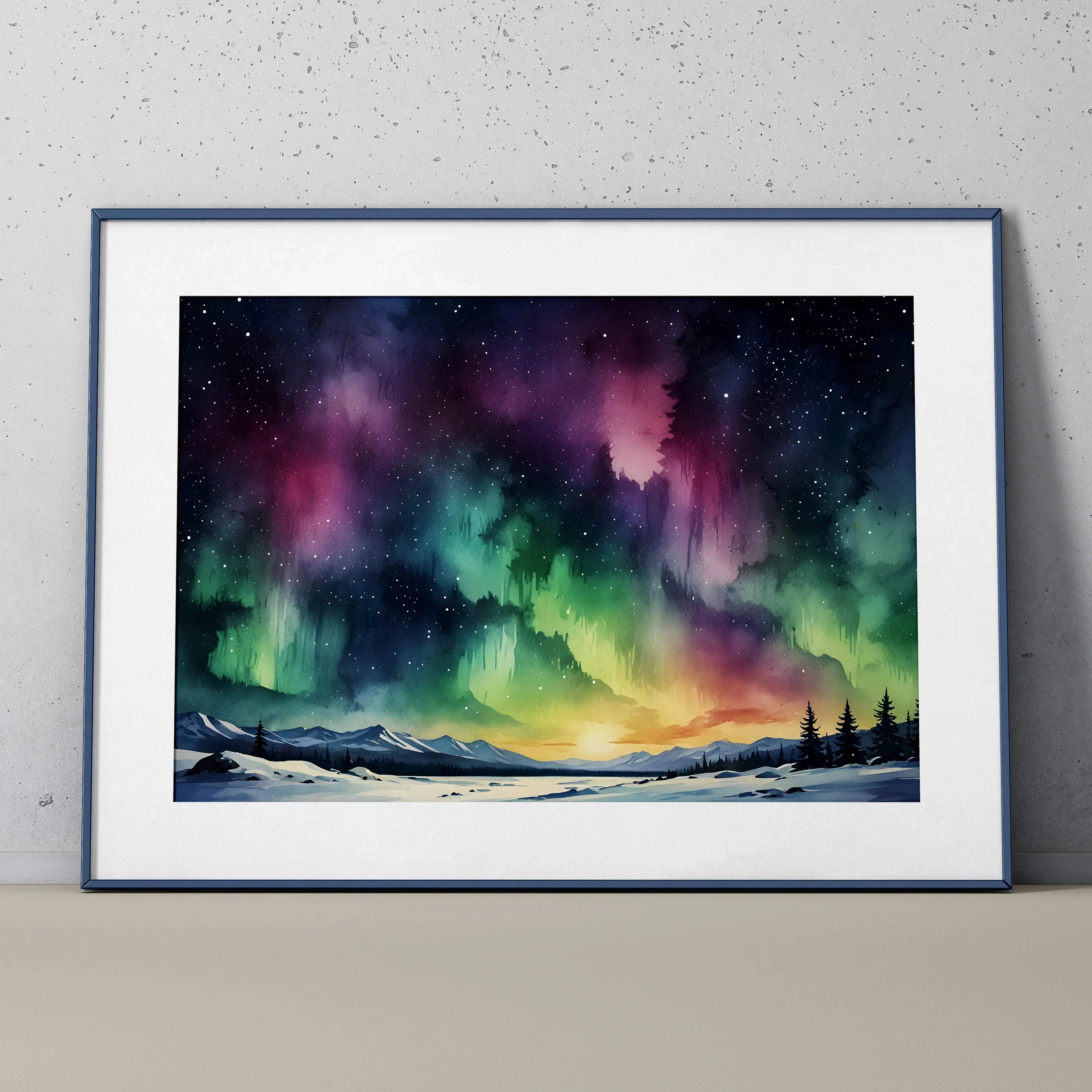 A framed starry night sky watercolor styled digital art poster with vibrant aurora borealis over snowy mountains in a blue frame