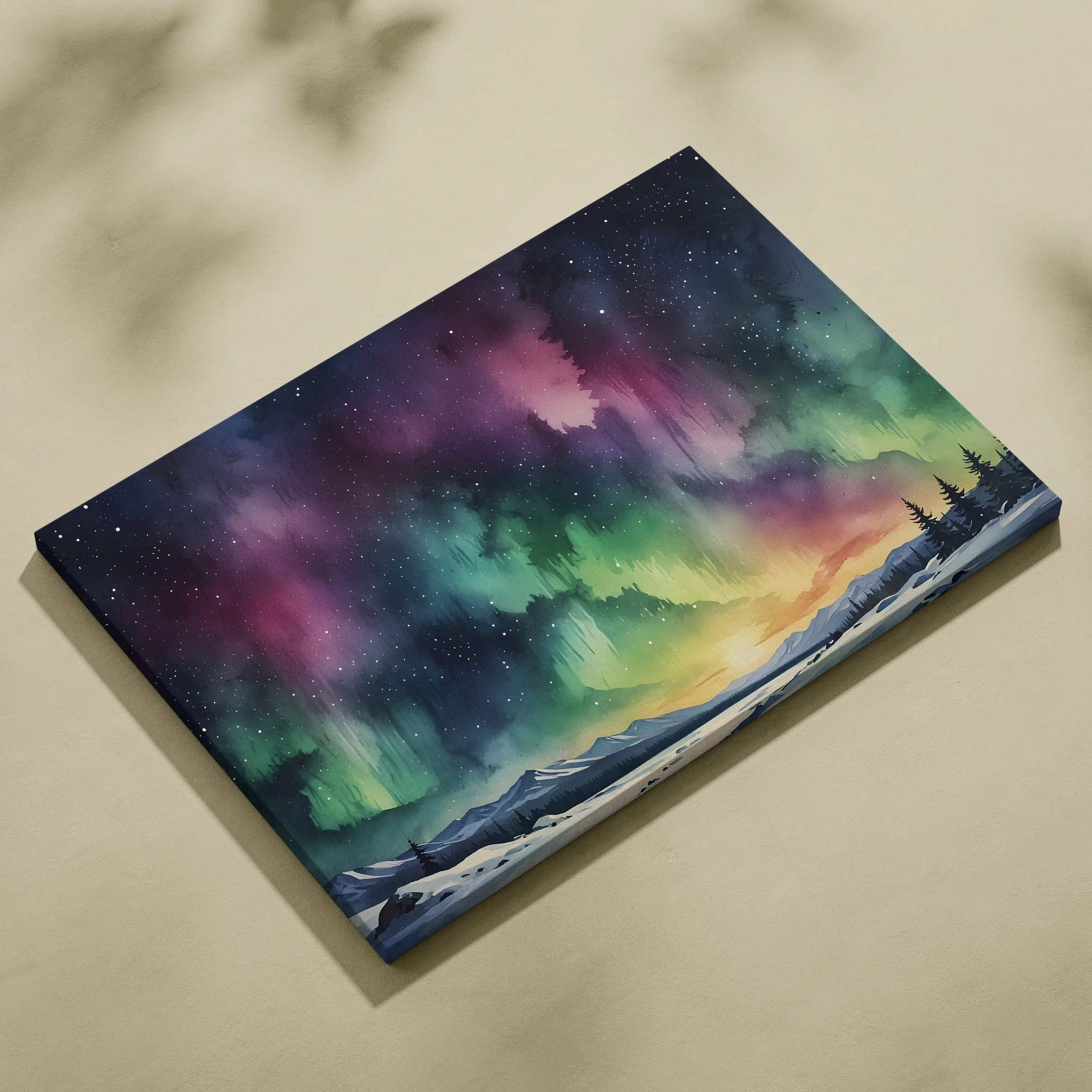 Night sky watercolor canvas wall art with vibrant green, purple, and yellow aurora over snowy mountains.