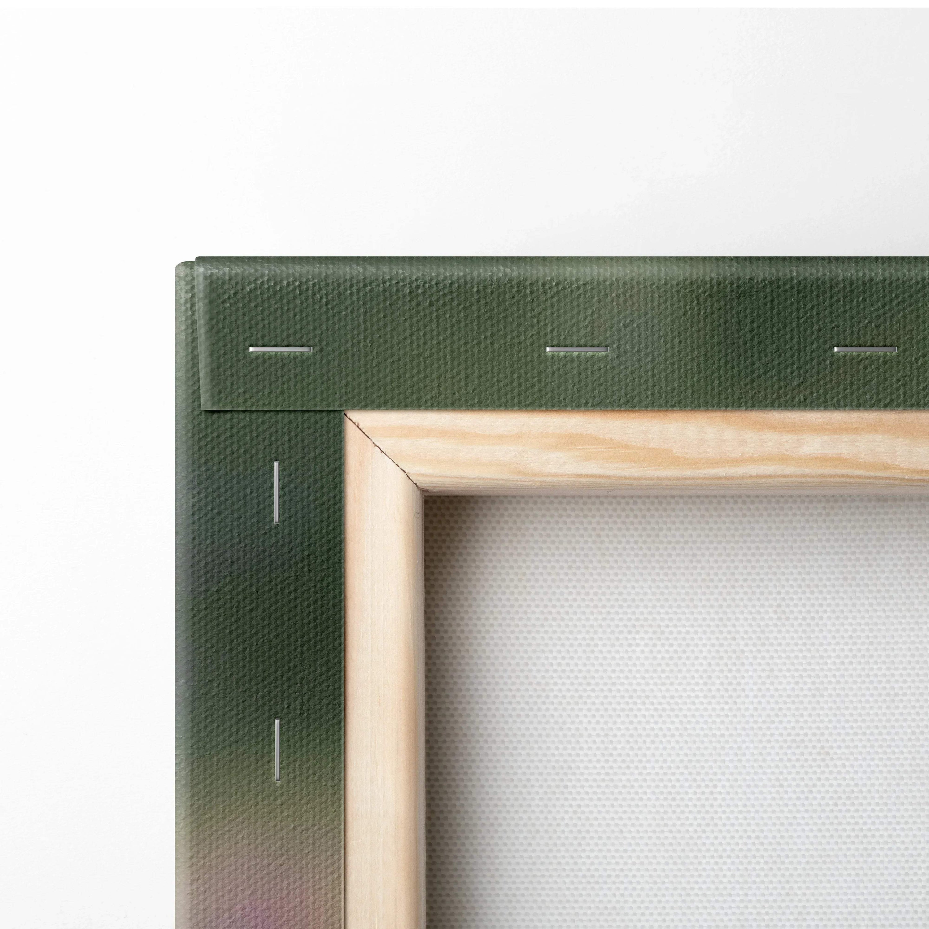 Close-up of wooden frame and stretched canvas with dark green edge on vibrant floral canvas wall art decor.