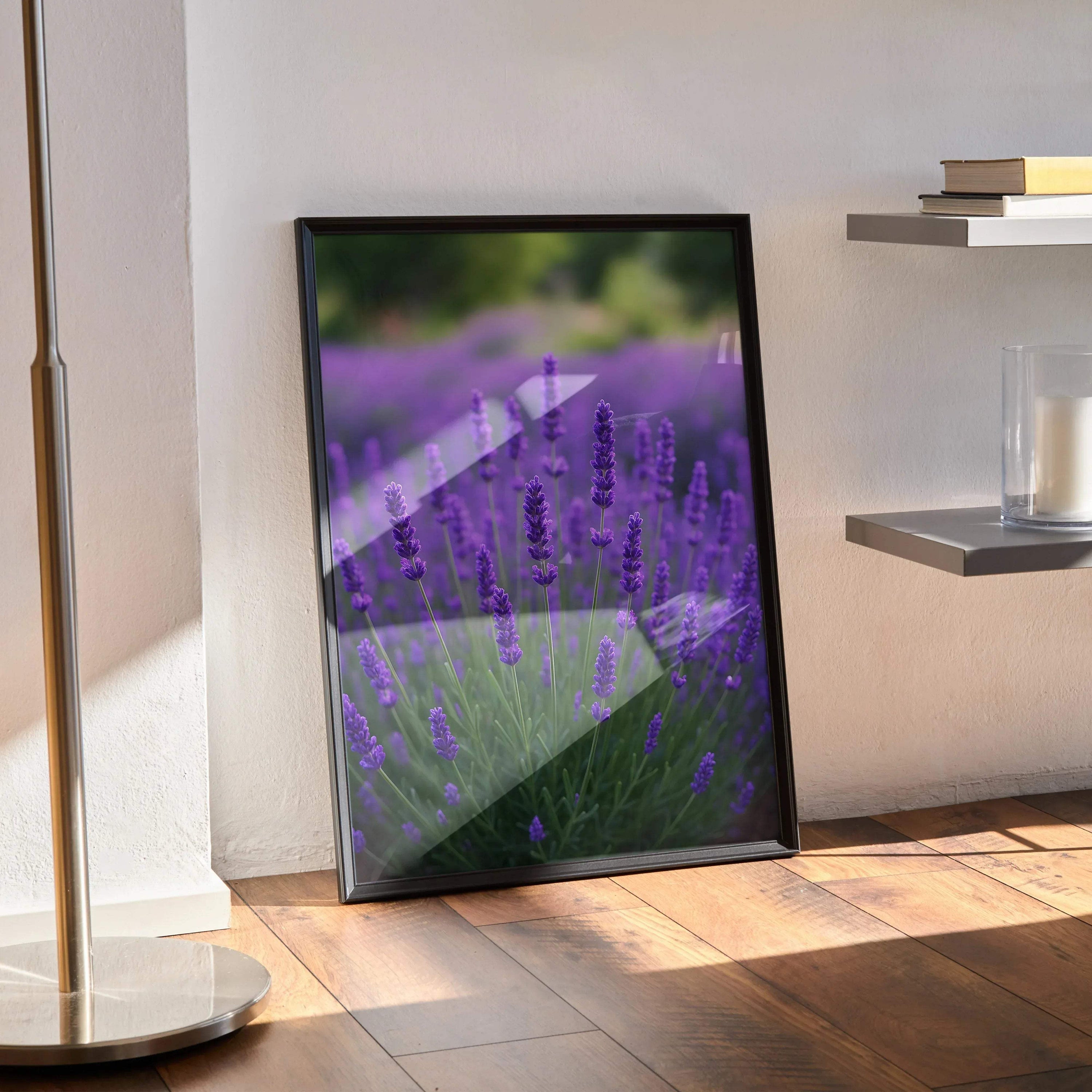 Vibrant floral digital art poster with purple lavender-like flowers in black frame leaning on wall.