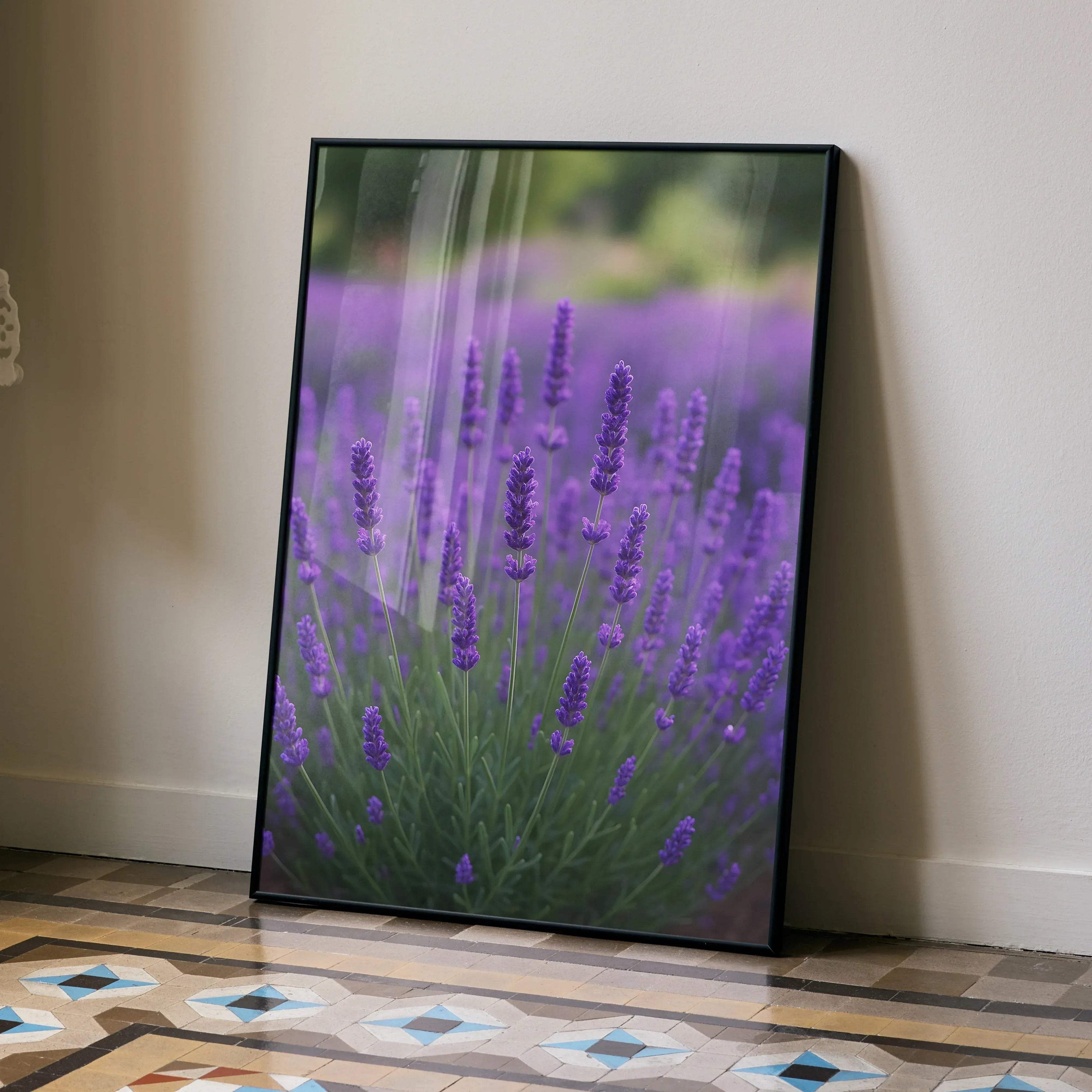 Vertical wall art poster featuring vibrant purple lavender flowers in a green field with blurred background.