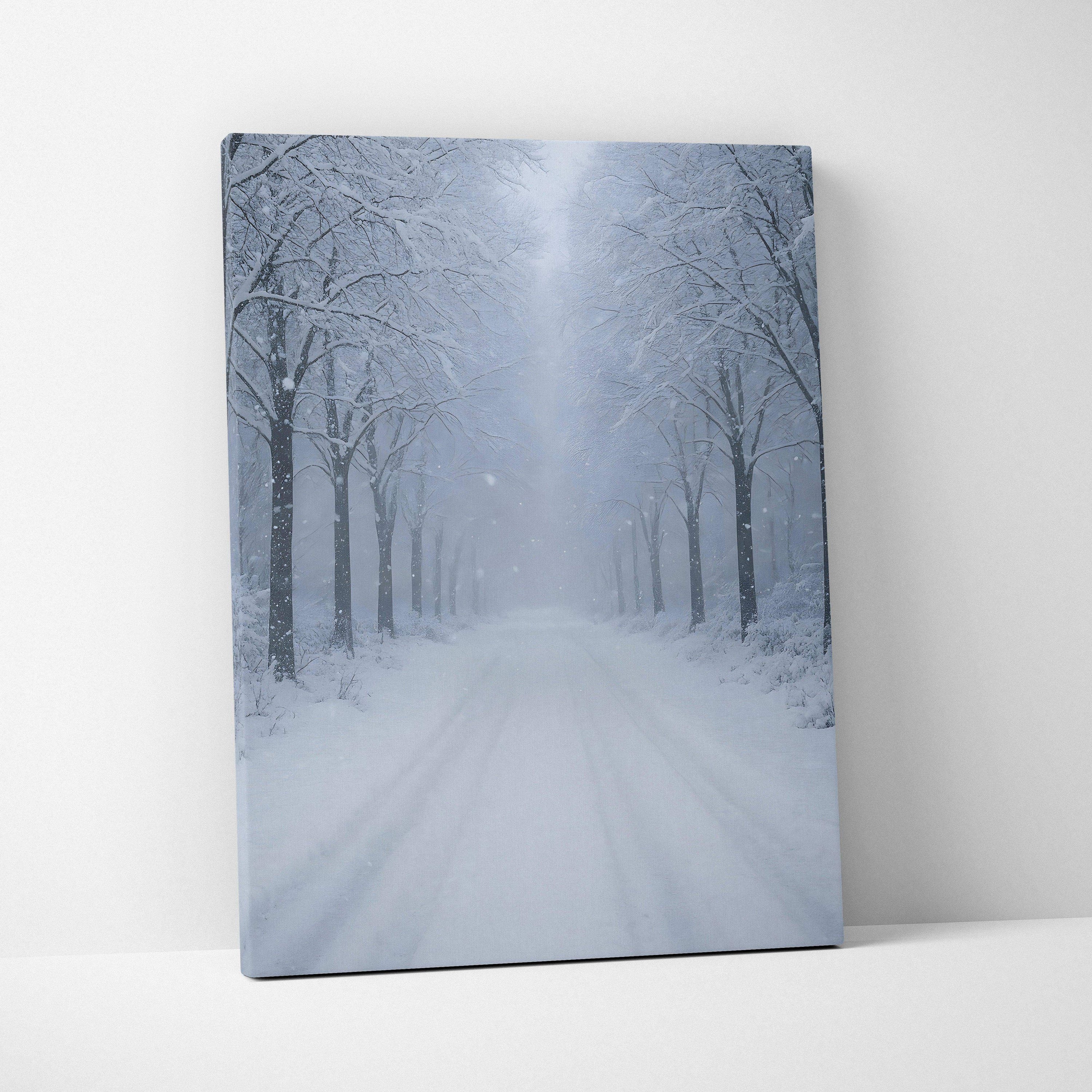 Snowy forest path with bare trees covered in fresh snow on vertical canvas wall art.