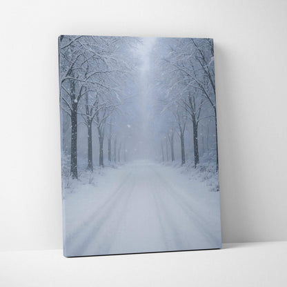 Snowy forest path with bare trees covered in fresh snow on vertical canvas wall art.
