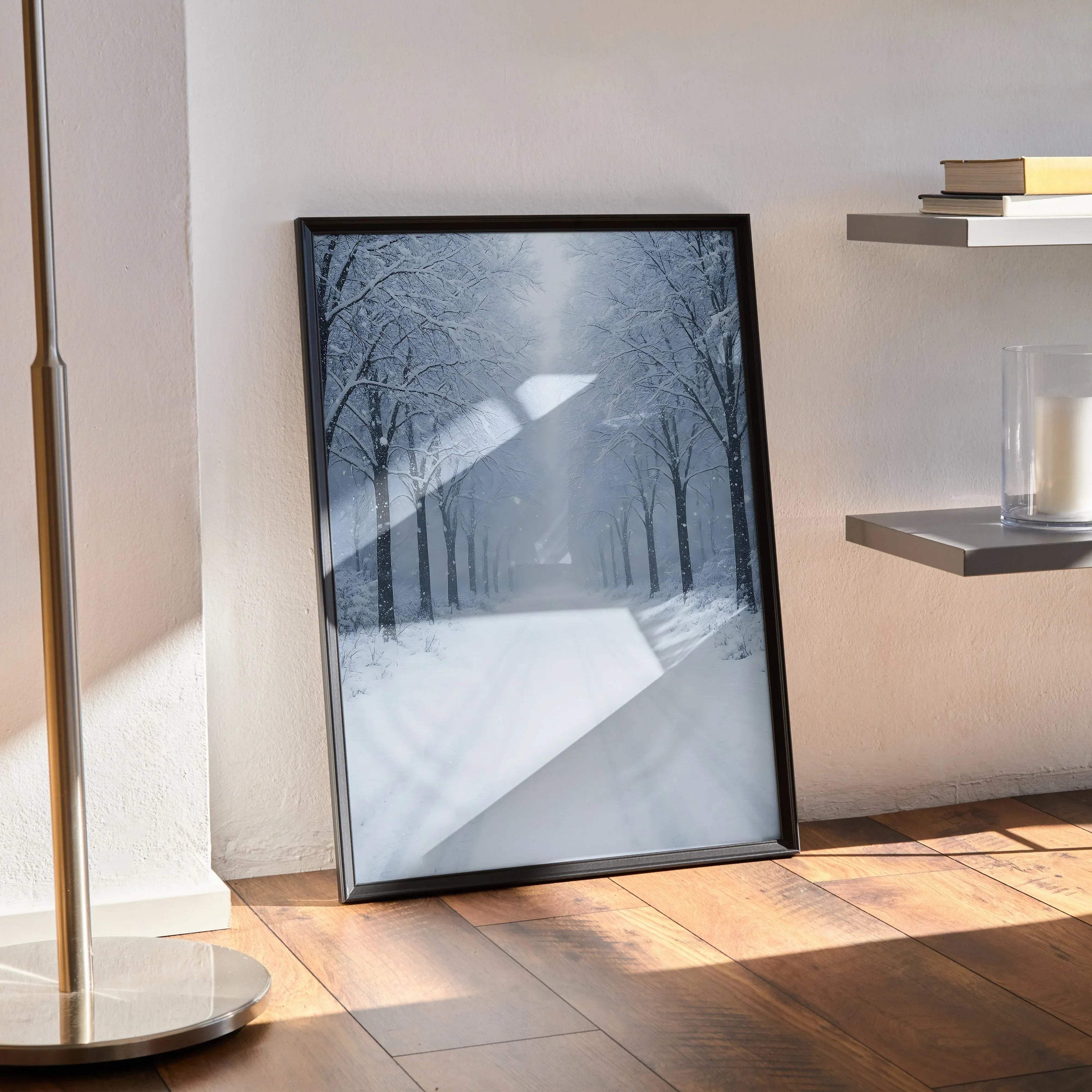 Vertical poster of a snowy forest with bare trees in misty winter landscape wall art.
