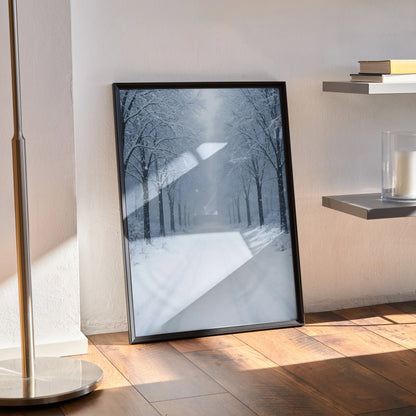 Vertical poster of a snowy forest with bare trees in misty winter landscape wall art.