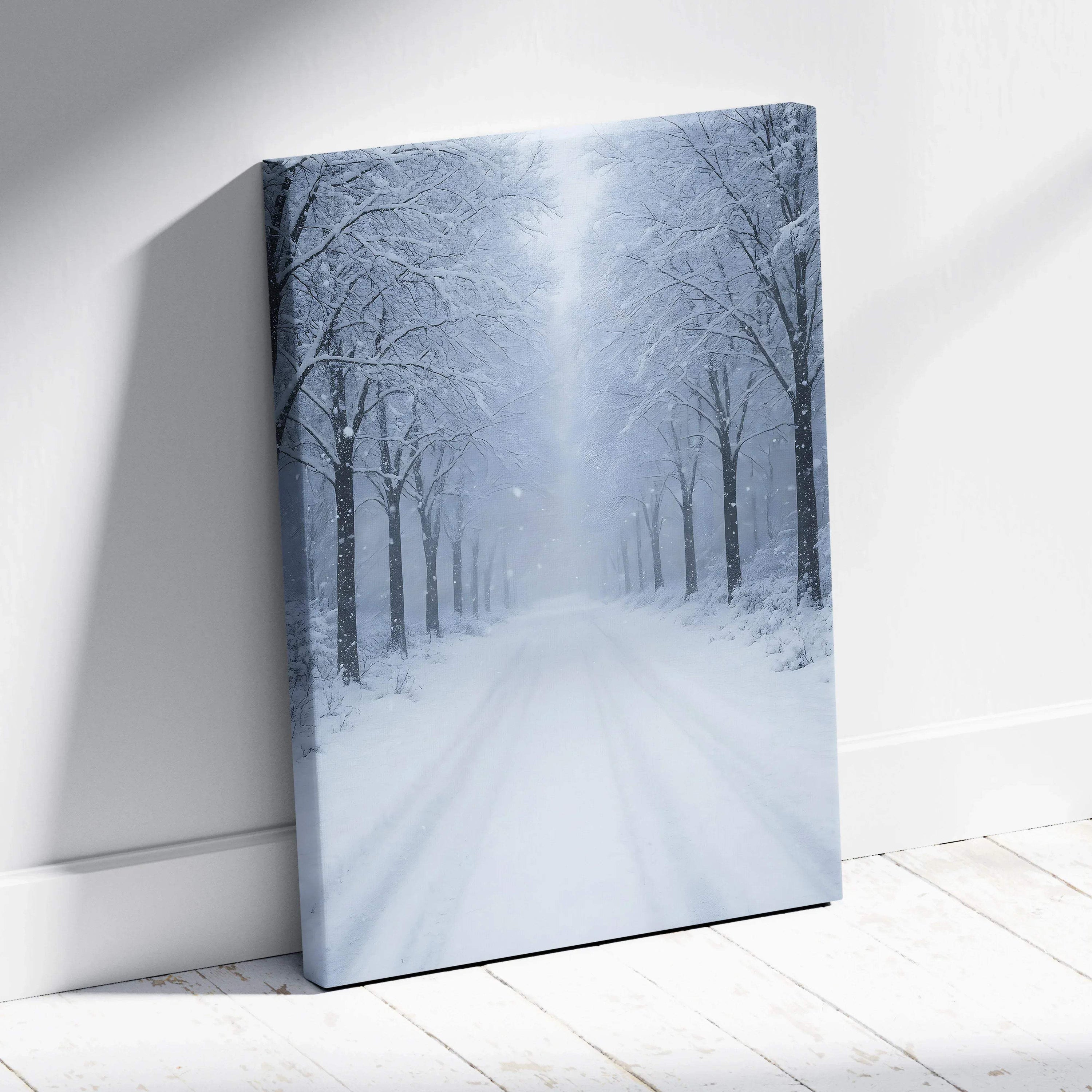 Snowy tree-lined path winter landscape on vertical canvas wall art print.