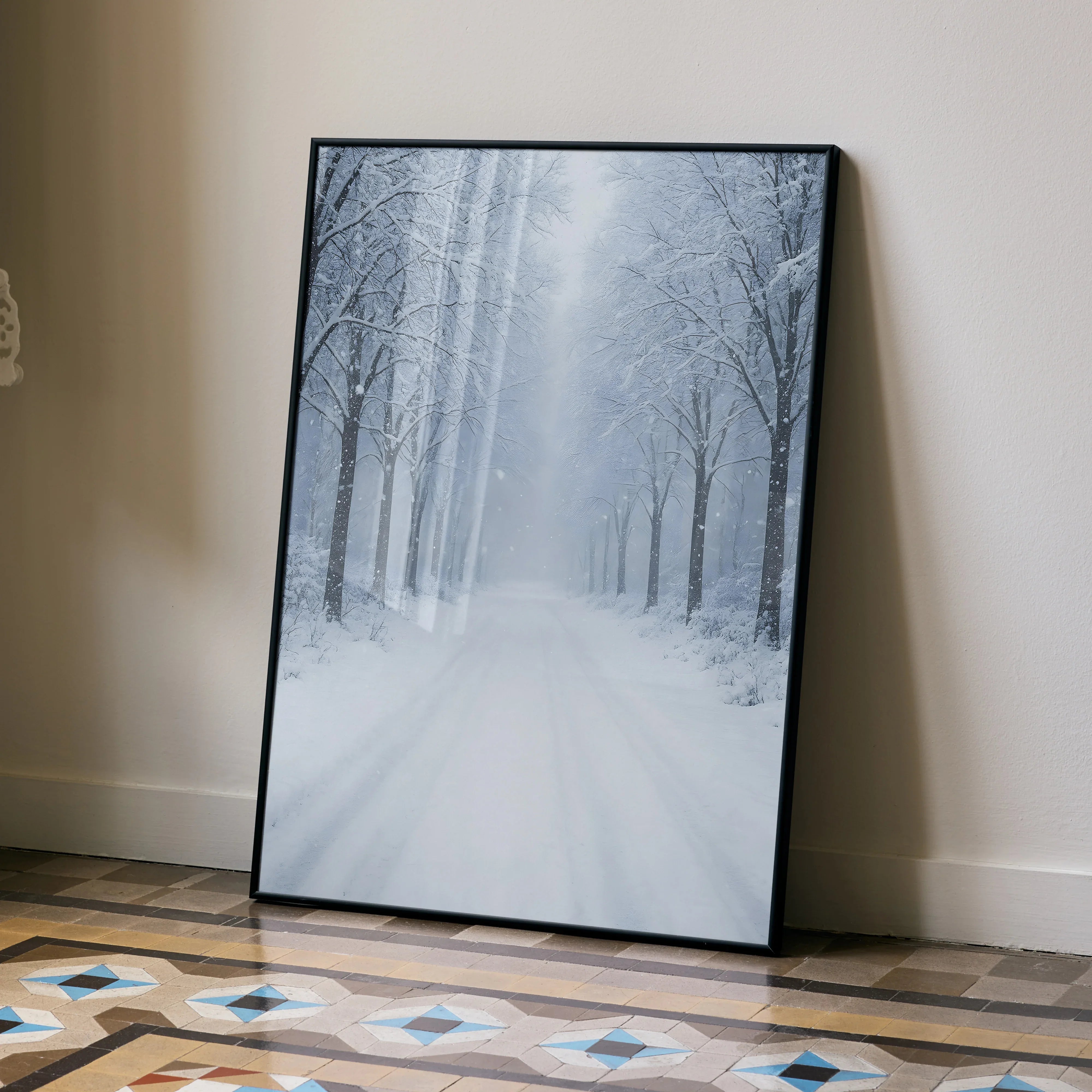 Vertical snowy forest digital art poster with frosted trees and snow-covered path, wall art.
