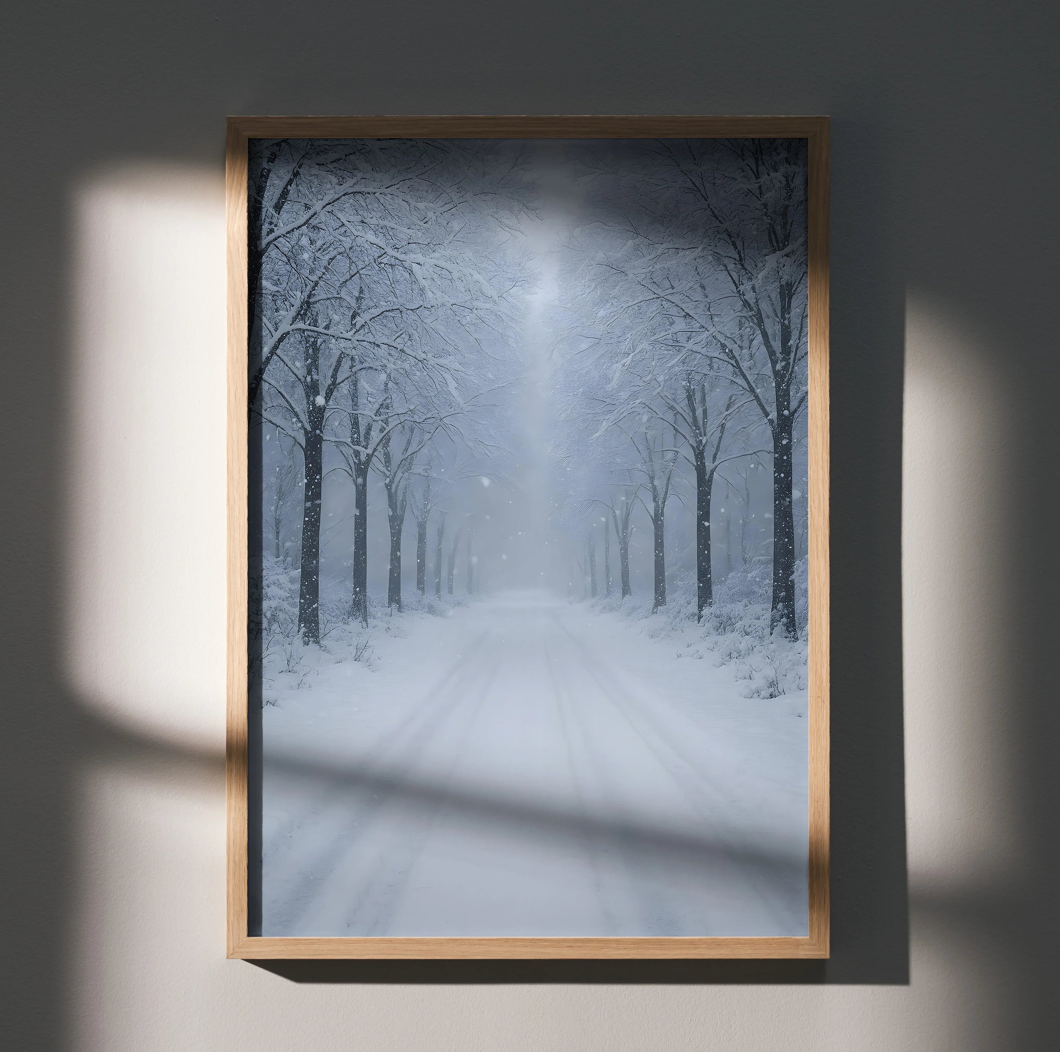Snowy forest digital art poster with tall bare trees and a misty winter path, vertical wall art.