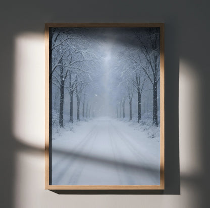 Snowy forest digital art poster with tall bare trees and a misty winter path, vertical wall art.