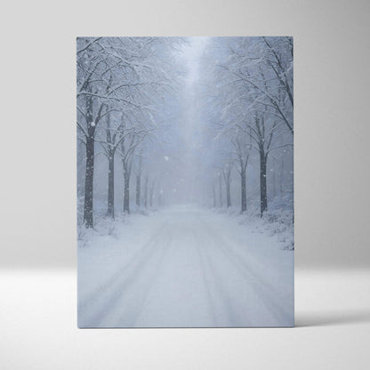 Snowy forest path with tall bare trees covered in frost canvas wall art print.