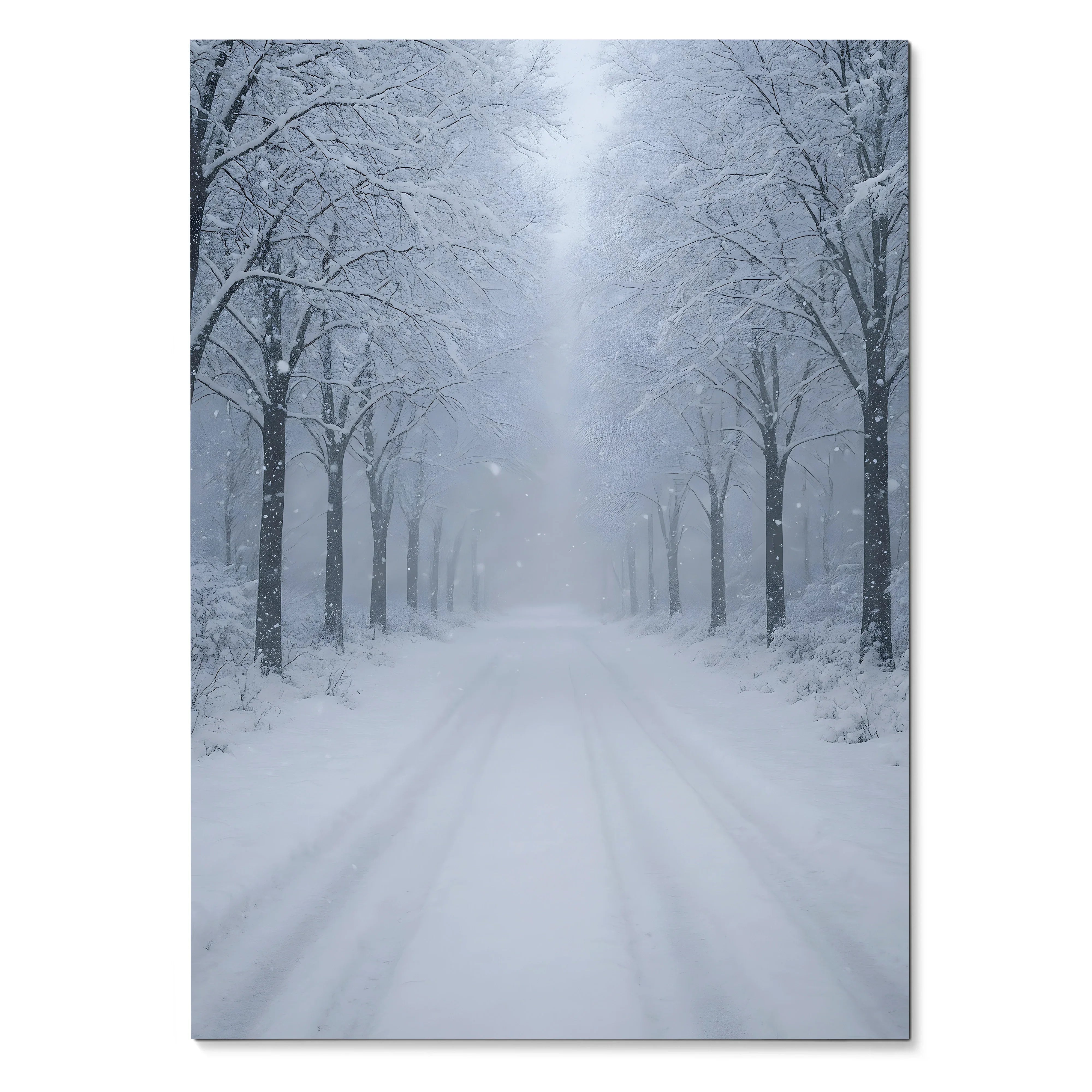 Vertical snowy forest digital art poster featuring snow-covered trees and a foggy pathway for wall decor.