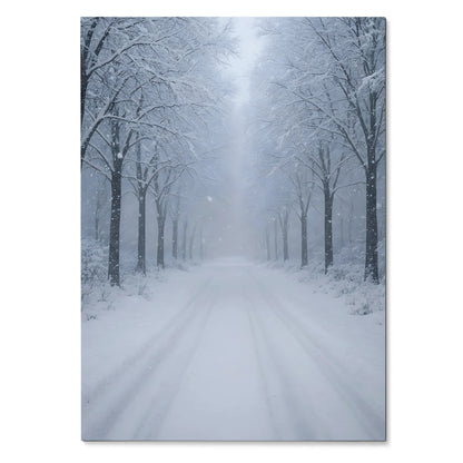 Vertical snowy forest digital art poster featuring snow-covered trees and a foggy pathway for wall decor.