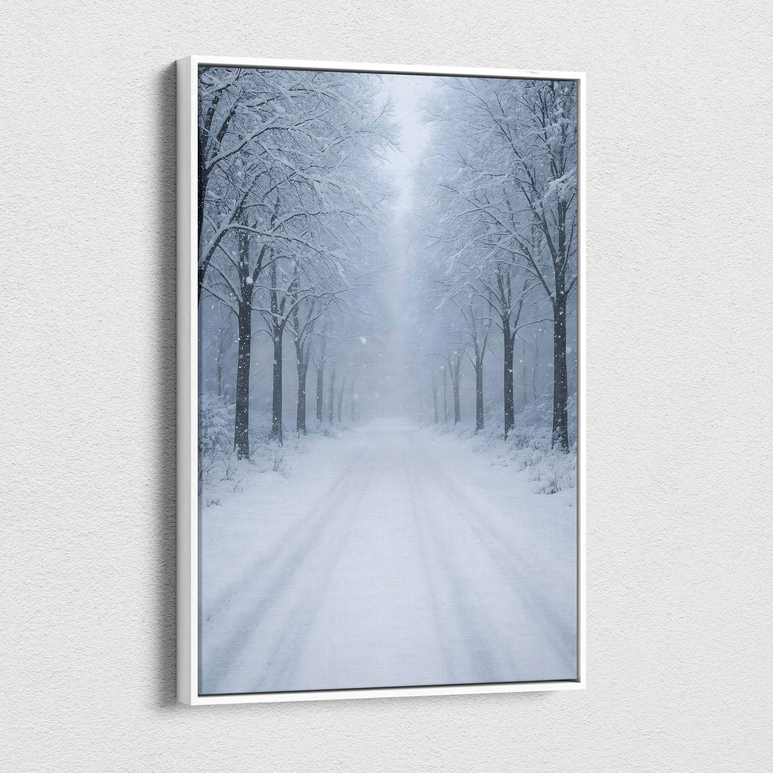 Vertical snowy forest pathway canvas wall art with frosted trees in winter fog.