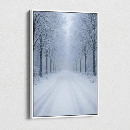 Vertical snowy forest pathway canvas wall art with frosted trees in winter fog.