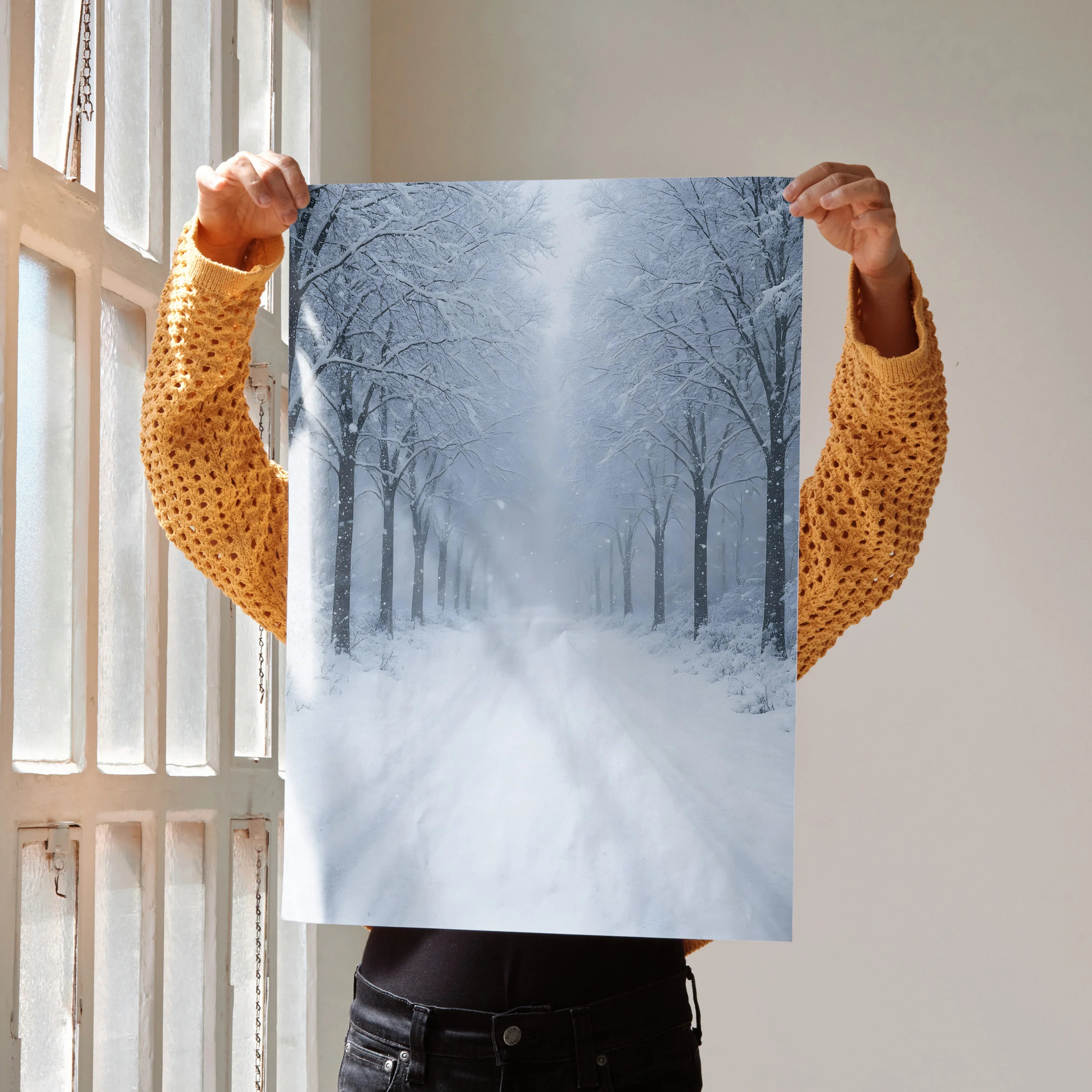 Vertical snowy forest digital art poster with snow-covered trees and misty path wall art.