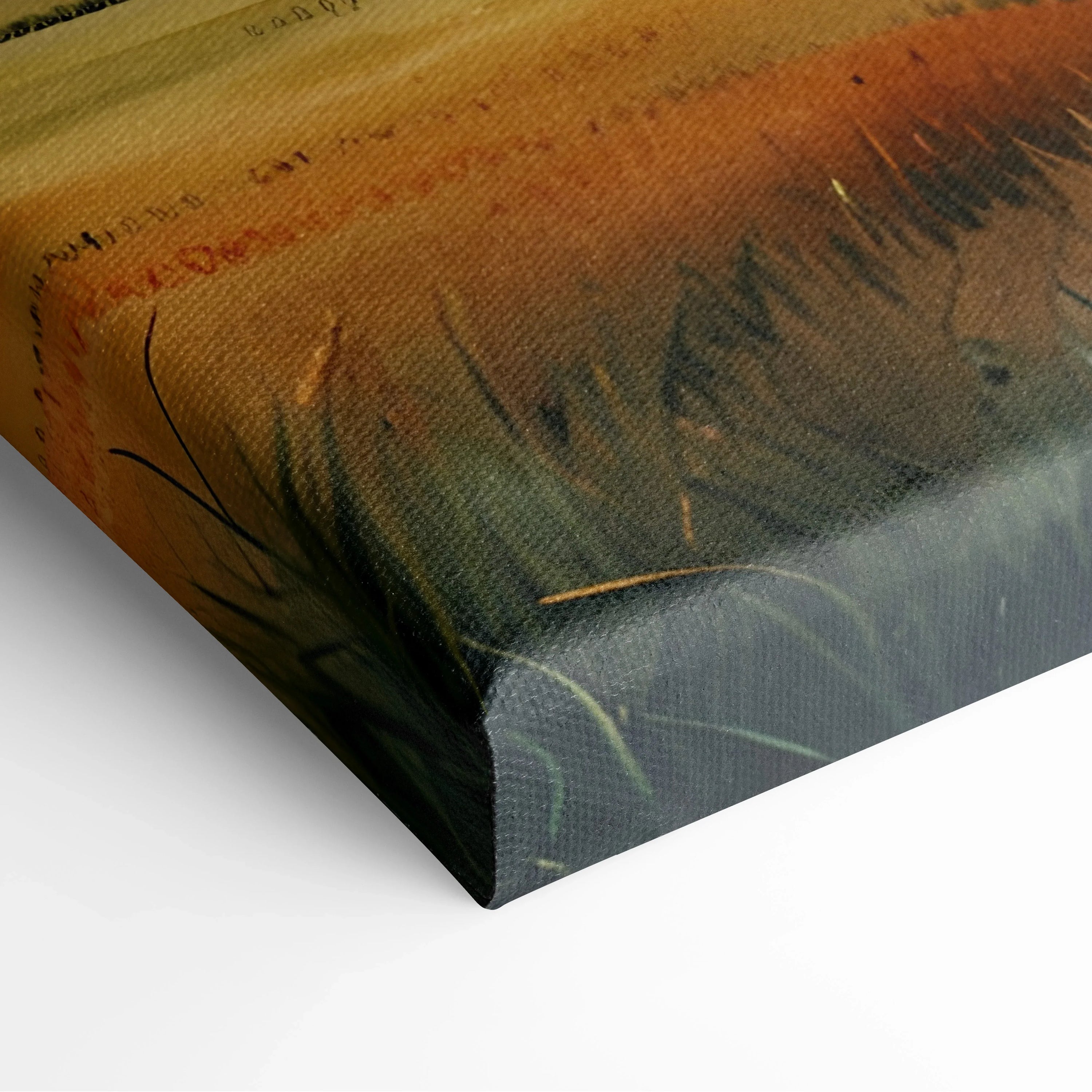 Watercolor canvas wall art featuring a vibrant sunset with warm oranges and cool blues over grassy silhouettes.