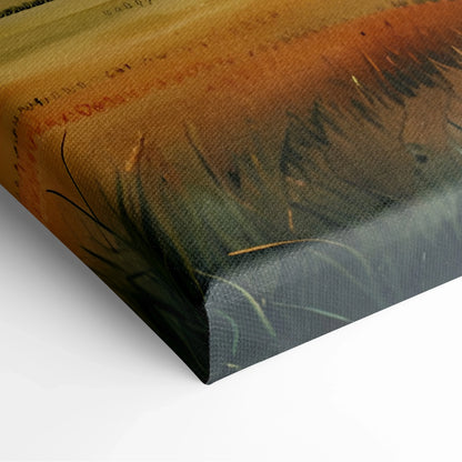 Watercolor canvas wall art featuring a vibrant sunset with warm oranges and cool blues over grassy silhouettes.