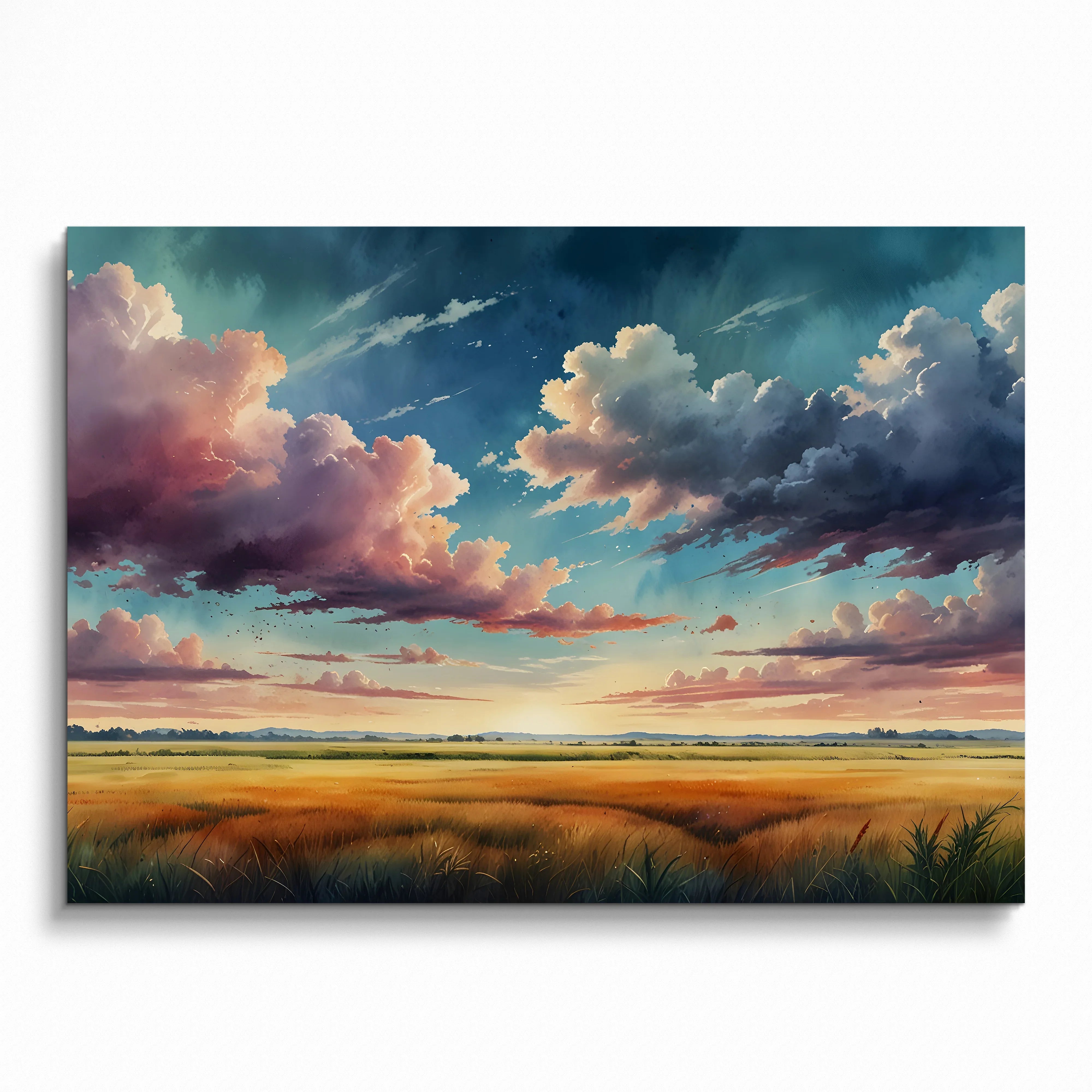 Watercolor sunset poster with vibrant clouds and golden grass landscape wall art.