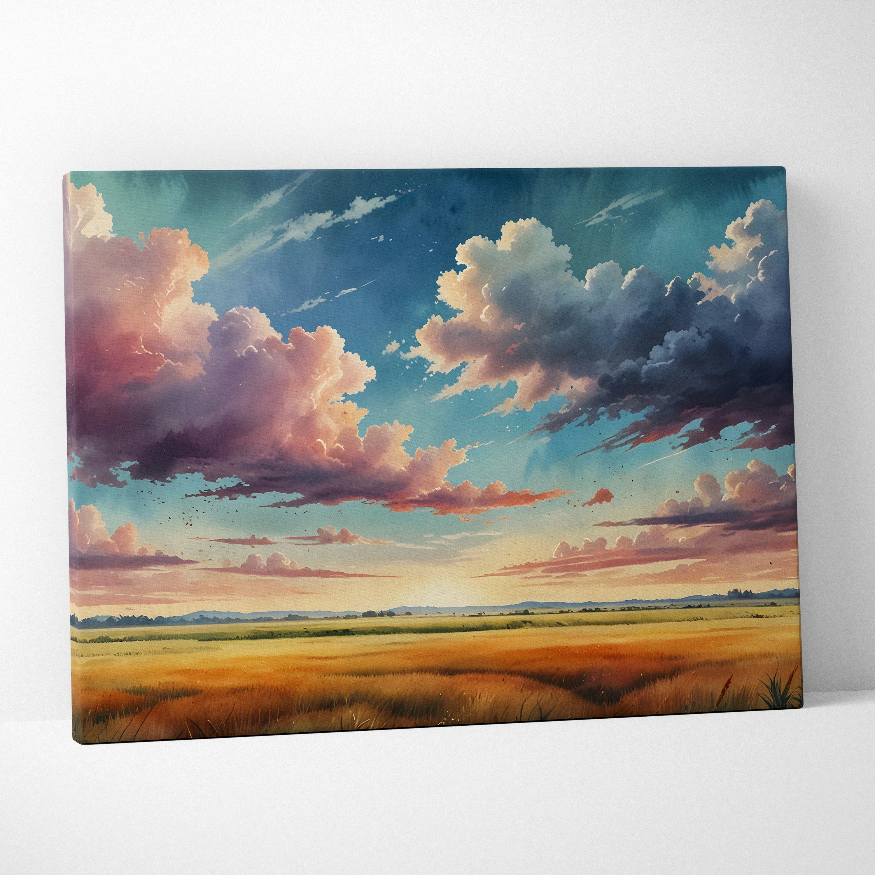 Canvas wall art featuring vibrant watercolor sunset with dramatic clouds over a golden field.