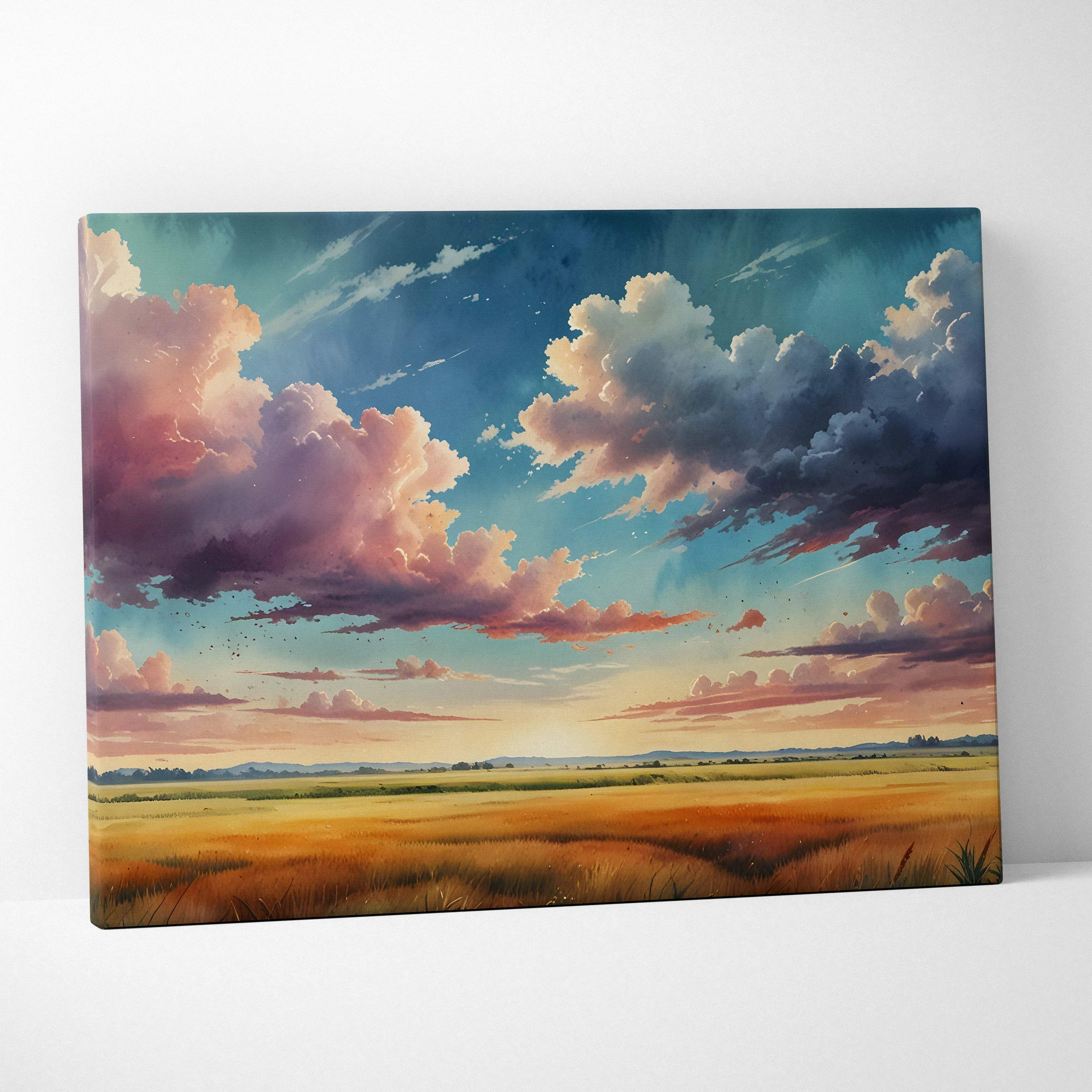 A rectangular watercolor canvas print of a vibrant golden field sunset with pink and purple clouds and a teal sky