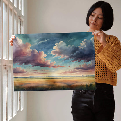 Watercolor sunset nature landscape poster with vibrant clouds and warm horizon wall art.