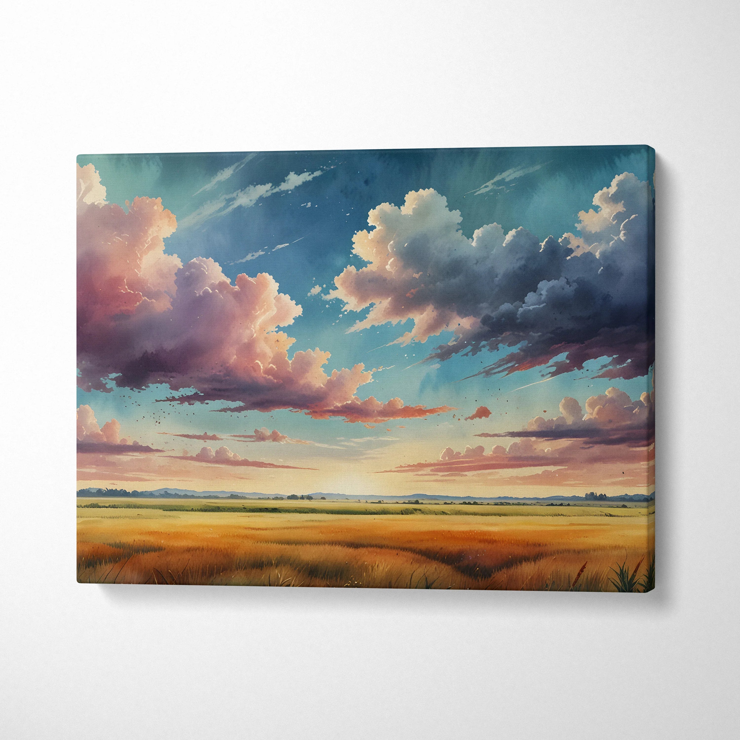 Watercolor canvas wall art featuring a vibrant sunset with colorful clouds over a serene landscape.