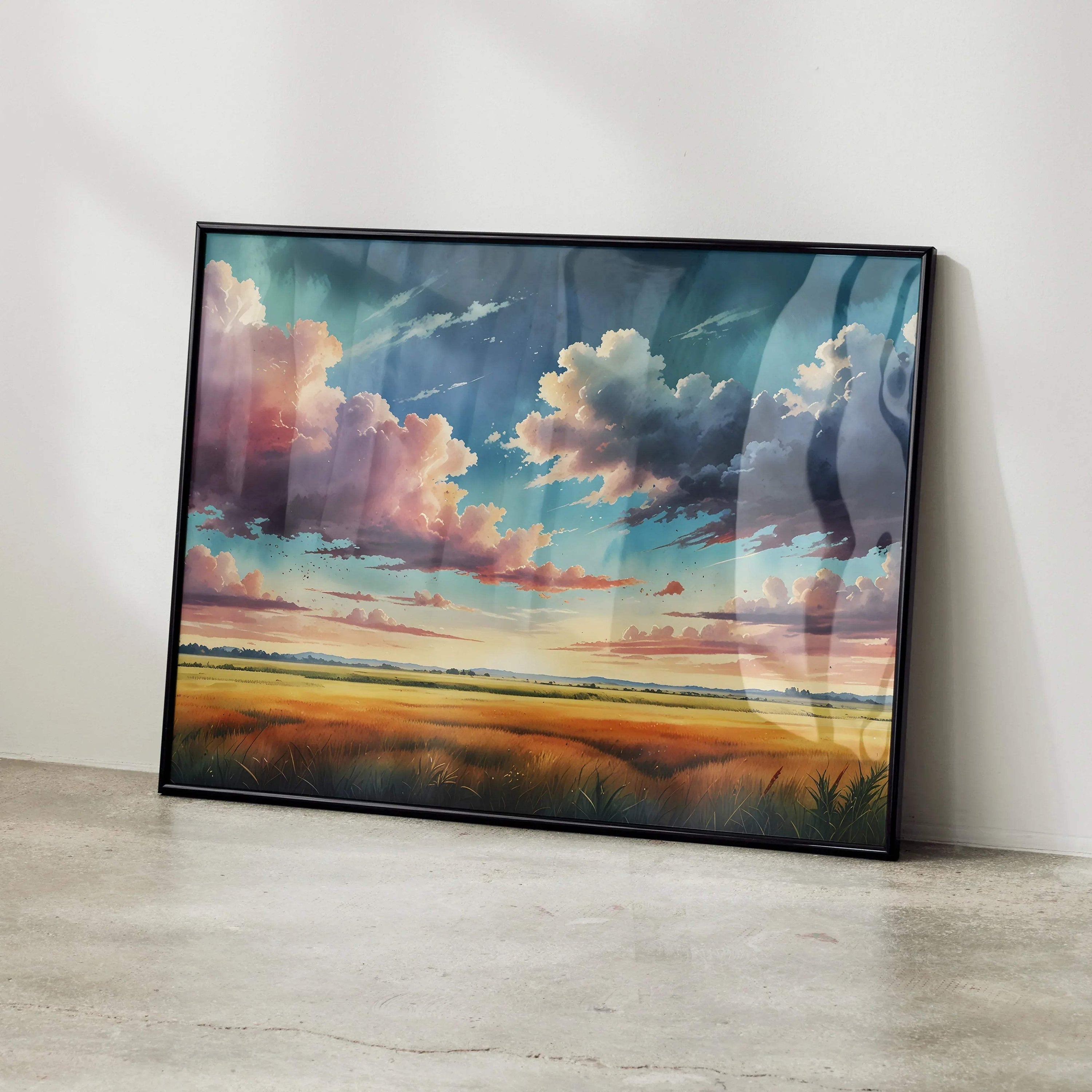 Watercolor sunset nature poster with vibrant clouds and serene landscape wall art in black frame.