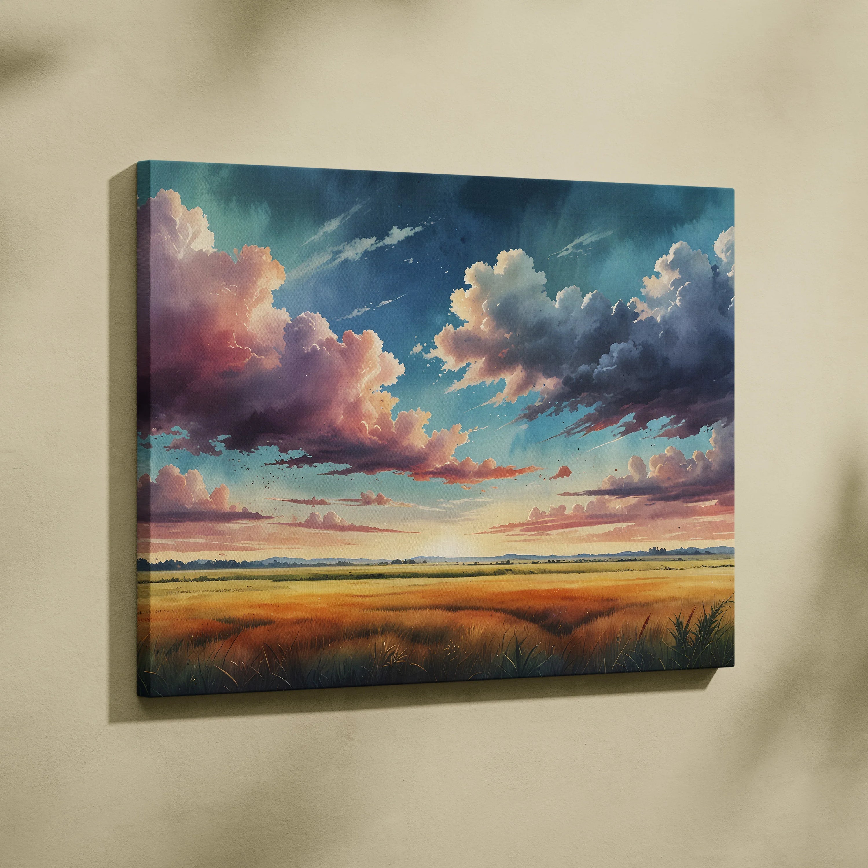 Vibrant watercolor sunset nature canvas wall art with dramatic clouds and colorful sky over open field.