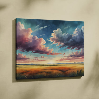 Vibrant watercolor sunset nature canvas wall art with dramatic clouds and colorful sky over open field.