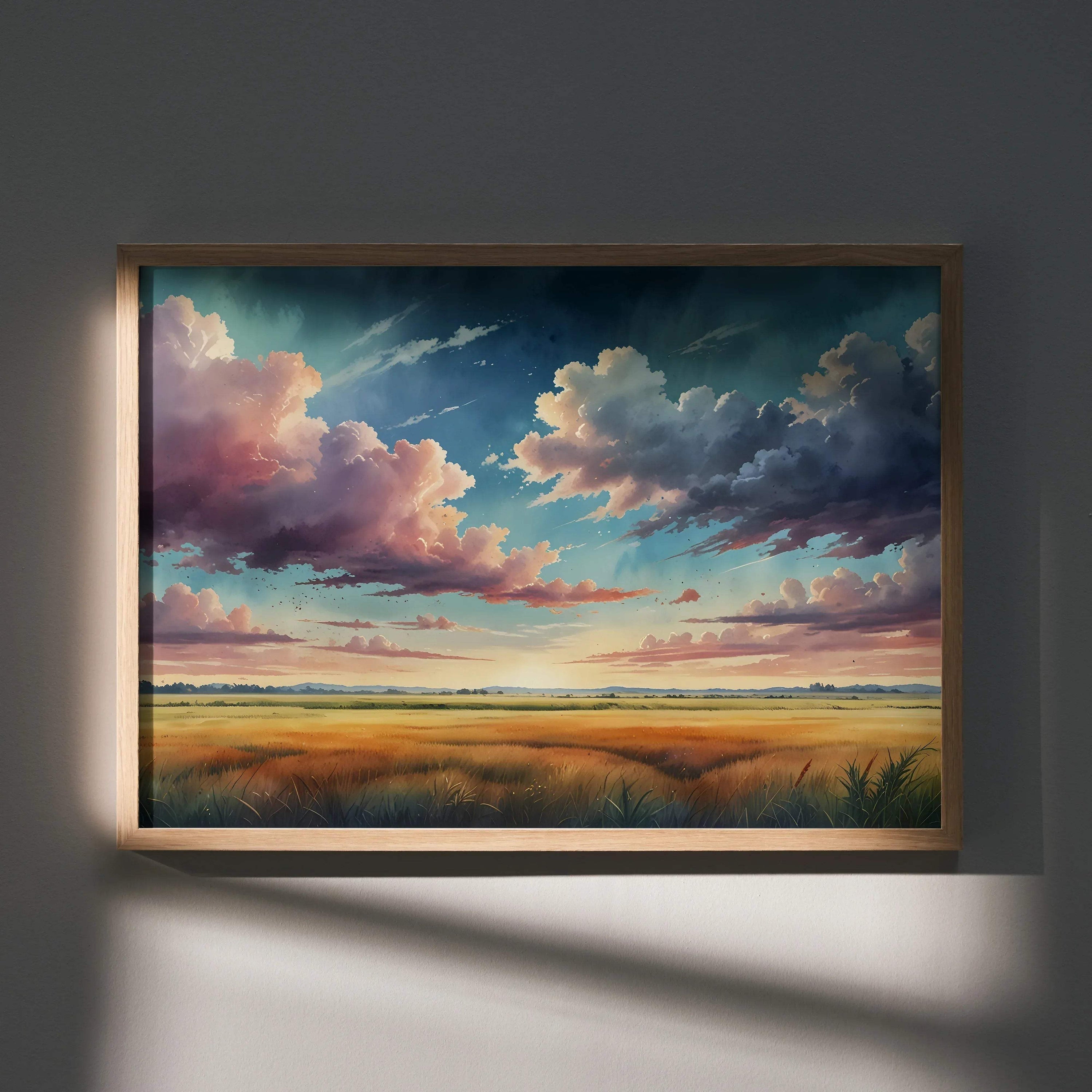 Watercolor sunset nature poster with vibrant clouds over grassy marshland wall art.