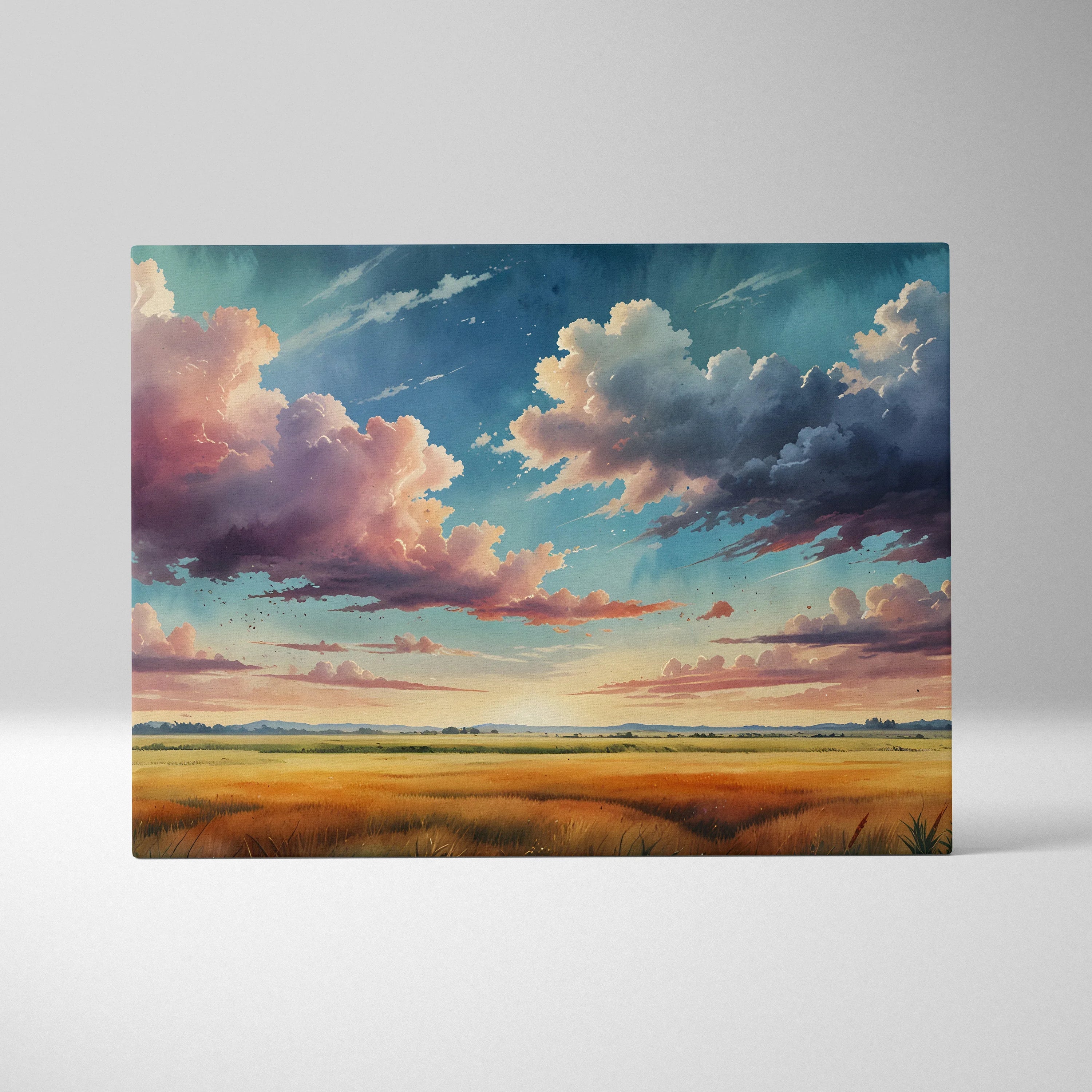 Canvas wall art featuring a vibrant watercolor sunset over a golden field with dramatic clouds.
