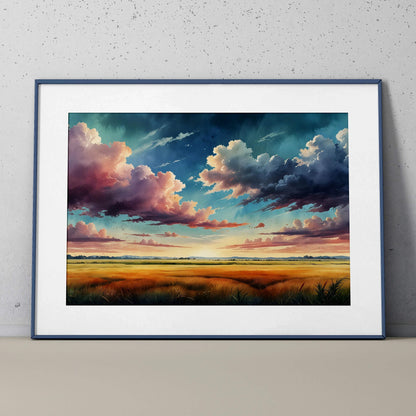Watercolor sunset nature poster with dramatic clouds over golden fields wall art.
