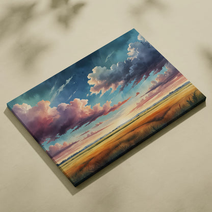 Canvas wall art featuring a vibrant watercolor sunset with colorful clouds over a serene landscape.