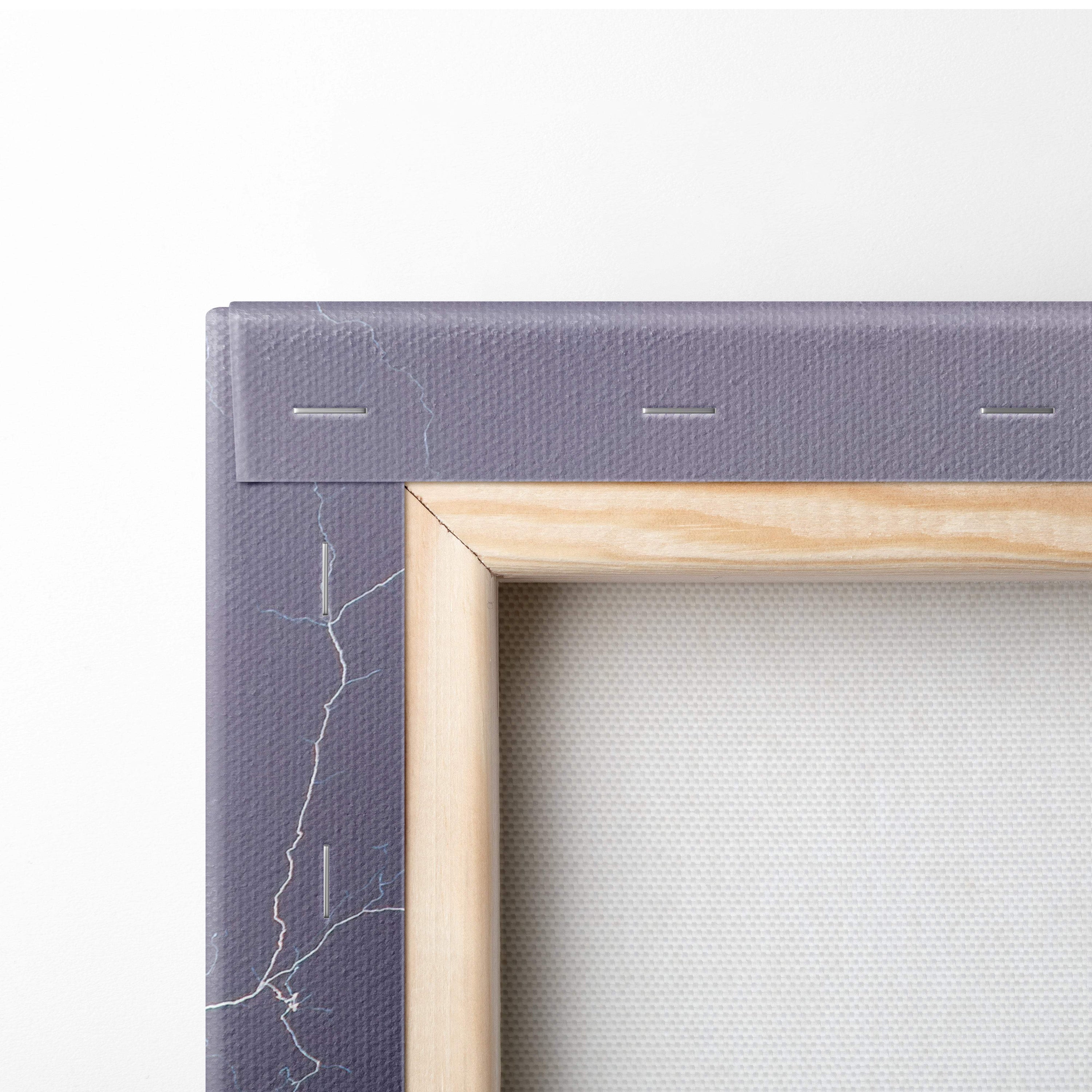 Gray marble-patterned canvas frame with light wood border featuring multiple lightning bolts and dramatic mountain landscape wall decor