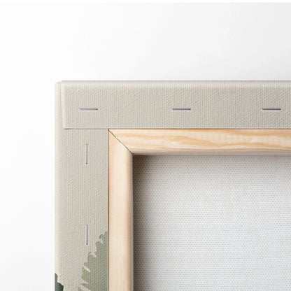 Close-up of corner detail on stretched canvas wall art with natural wood frame and light beige textured fabric.
