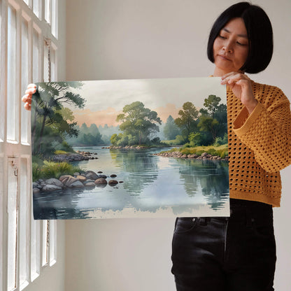 Watercolor nature landscape poster featuring a calm river, trees, and soft sunset sky wall art.