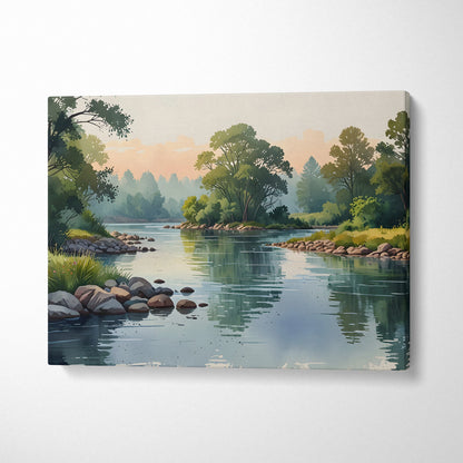 Watercolor canvas wall art featuring a serene river and lush green trees at sunrise.