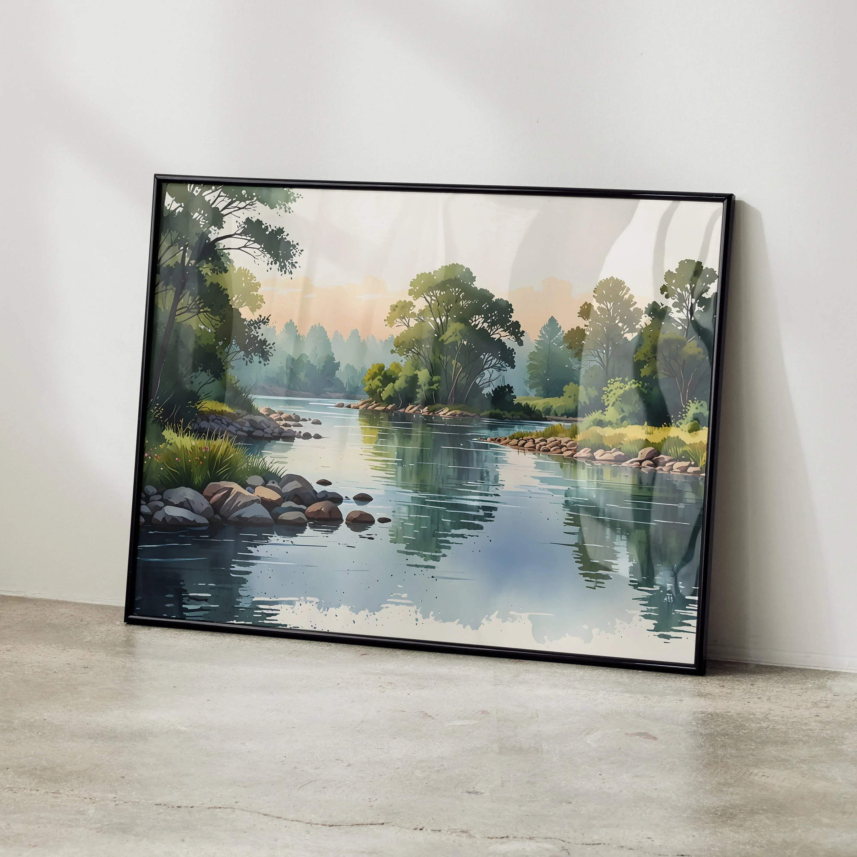 Serene watercolor landscape poster featuring a calm river, trees, and reflective water wall art in soft greens and blues.