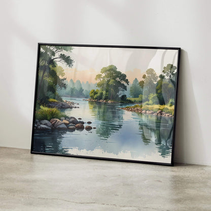 Serene watercolor landscape poster featuring a calm river, trees, and reflective water wall art in soft greens and blues.