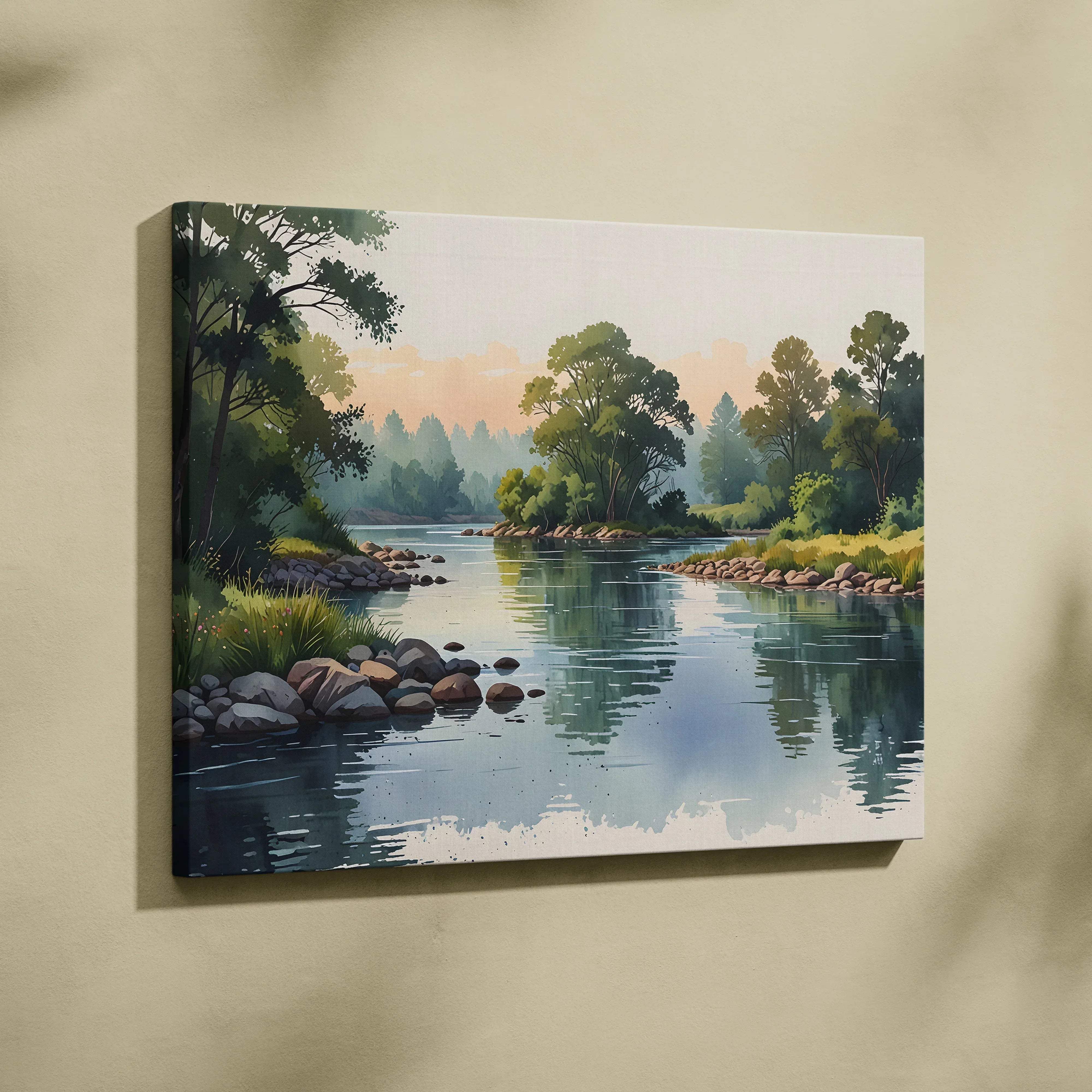 Watercolor river landscape canvas wall art showing serene forest reflections in calm greens and blues under soft morning light