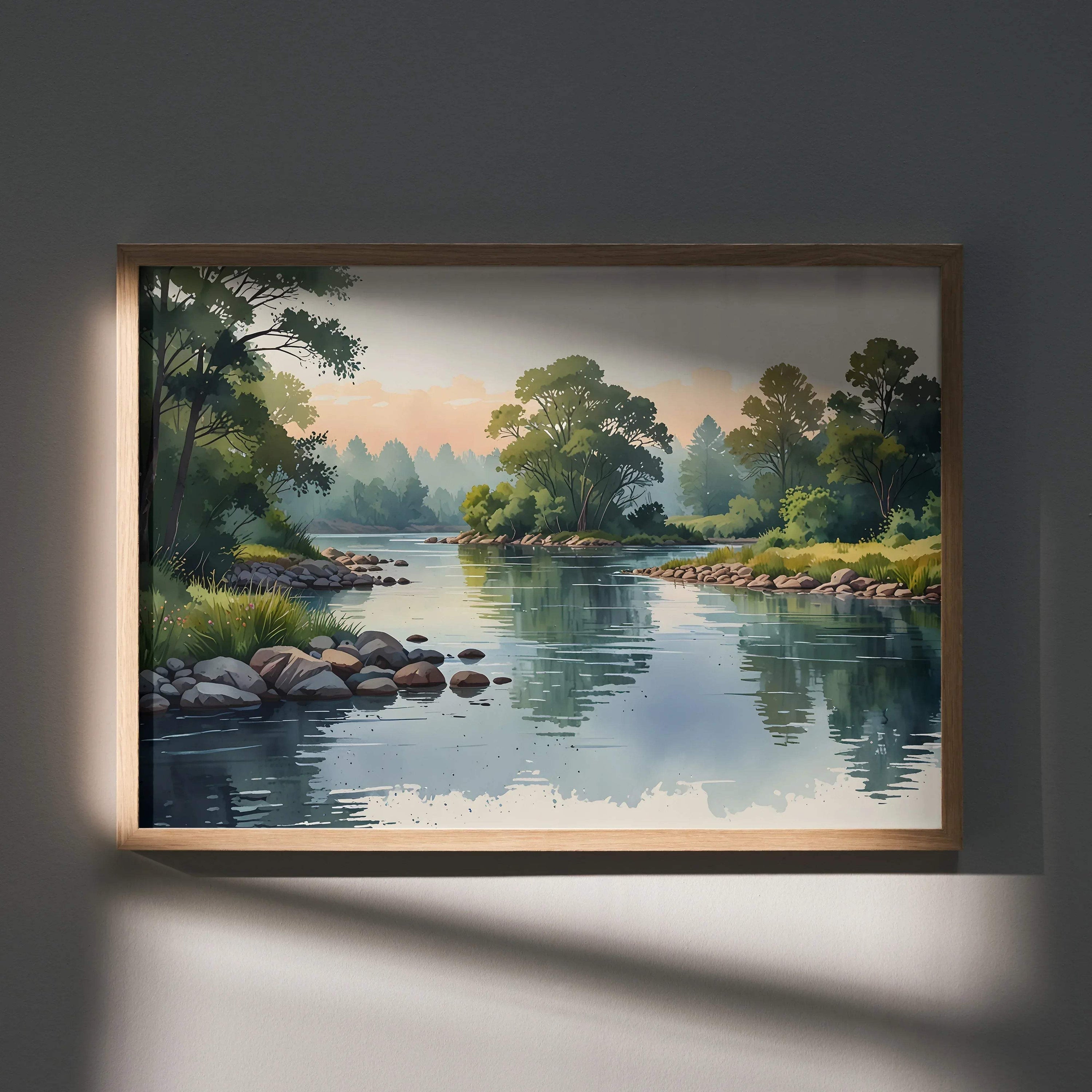 Watercolor nature landscape poster with river, trees, and soft sunlight, wall art in wooden frame.