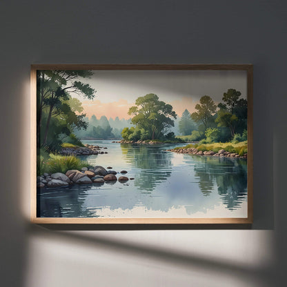 Watercolor nature landscape poster with river, trees, and soft sunlight, wall art in wooden frame.